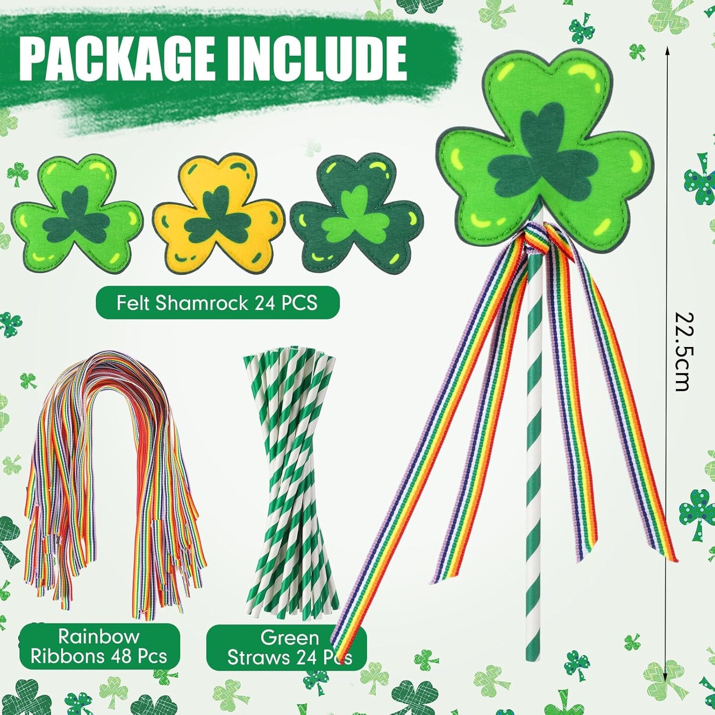 24 Set St. Patrick&#x27;s Day Shamrock Wand Craft Kits with Dark Green Stripes Straws Felt Clover