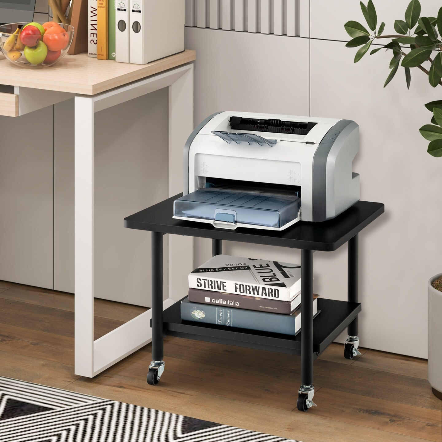 Printer Stand 2 Tier Under Desk Printer Table Rolling Cart with Storage Shelf Metal Frame Home Office