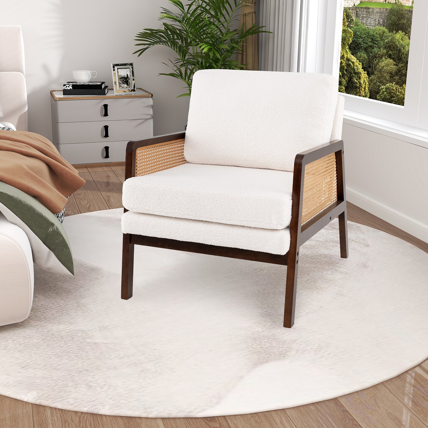 Mid Century Modern Accent Chair with Rattan Arms and Cushion