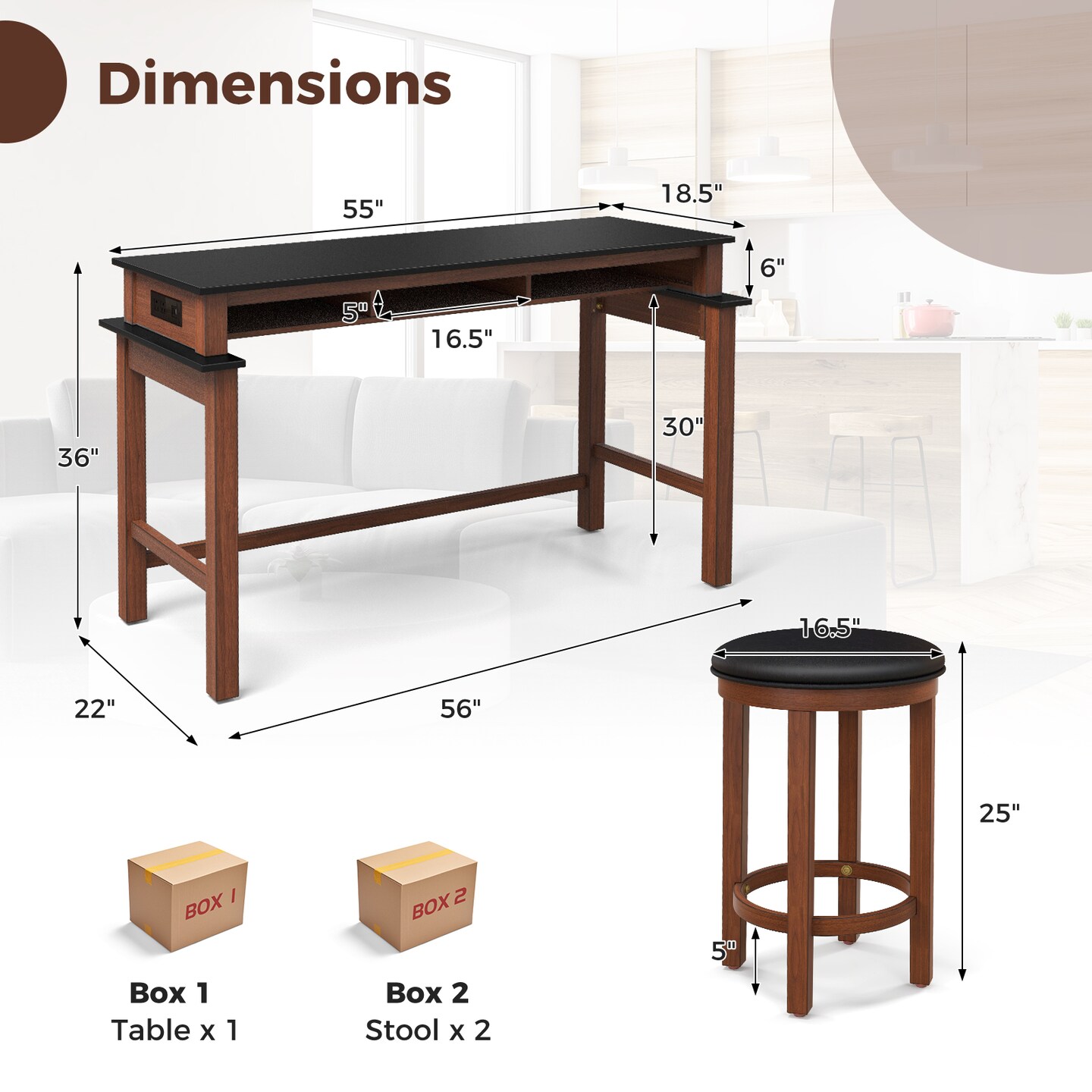 3-Piece Home Bar Set with 2 Upholstered Bar Stools Outlets and USB Ports
