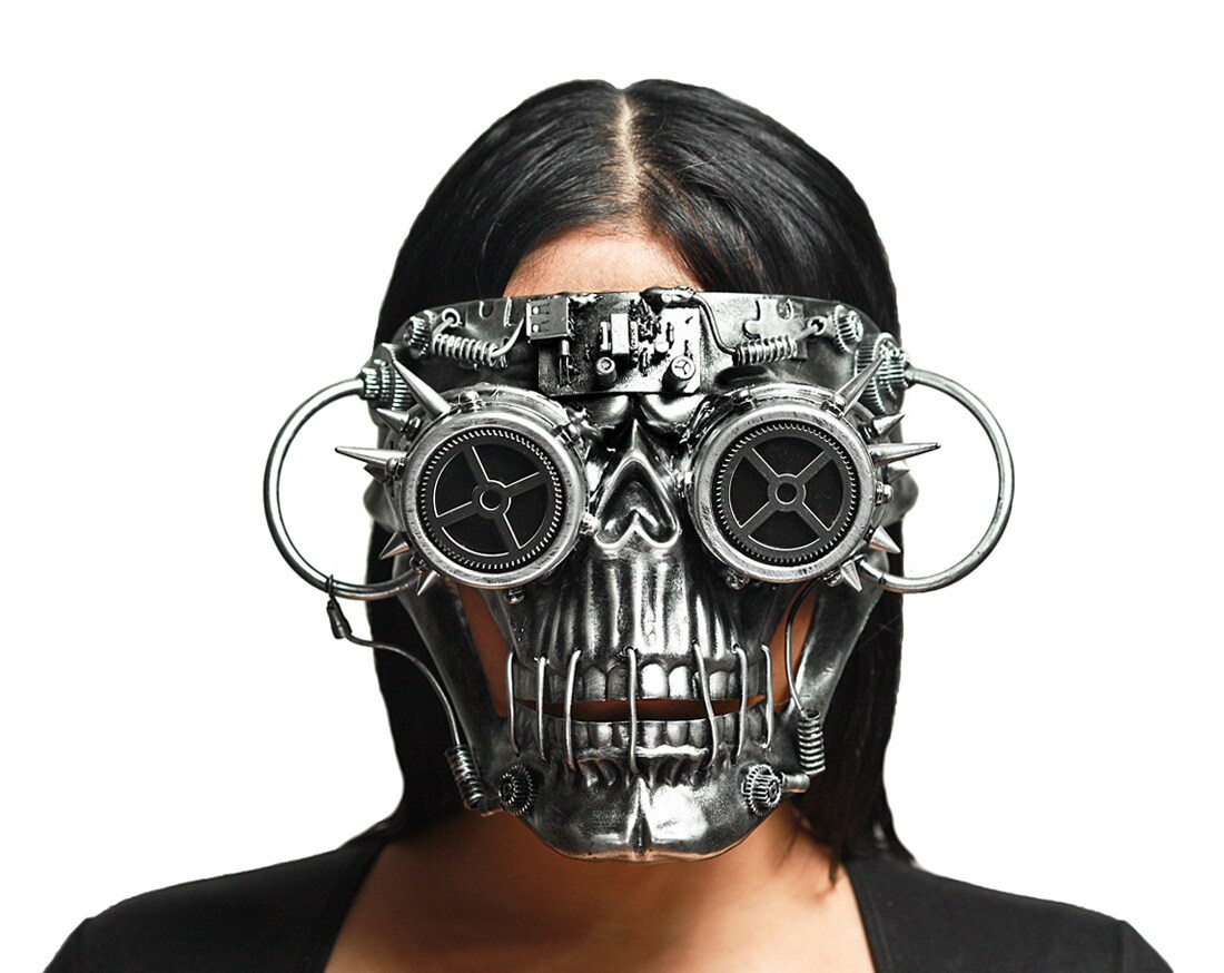 Steamskully Metallic Finish Steampunk Skull with Spiked Goggles Mask