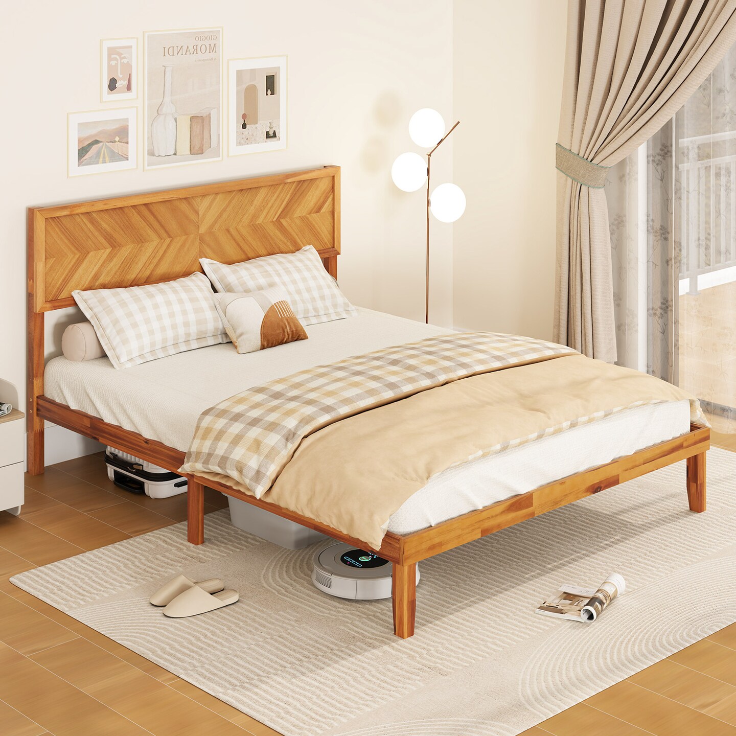Rustic Golden Brown Acacia Wood MDF Platform Bed Frame with Headboard and Under-Bed Storage