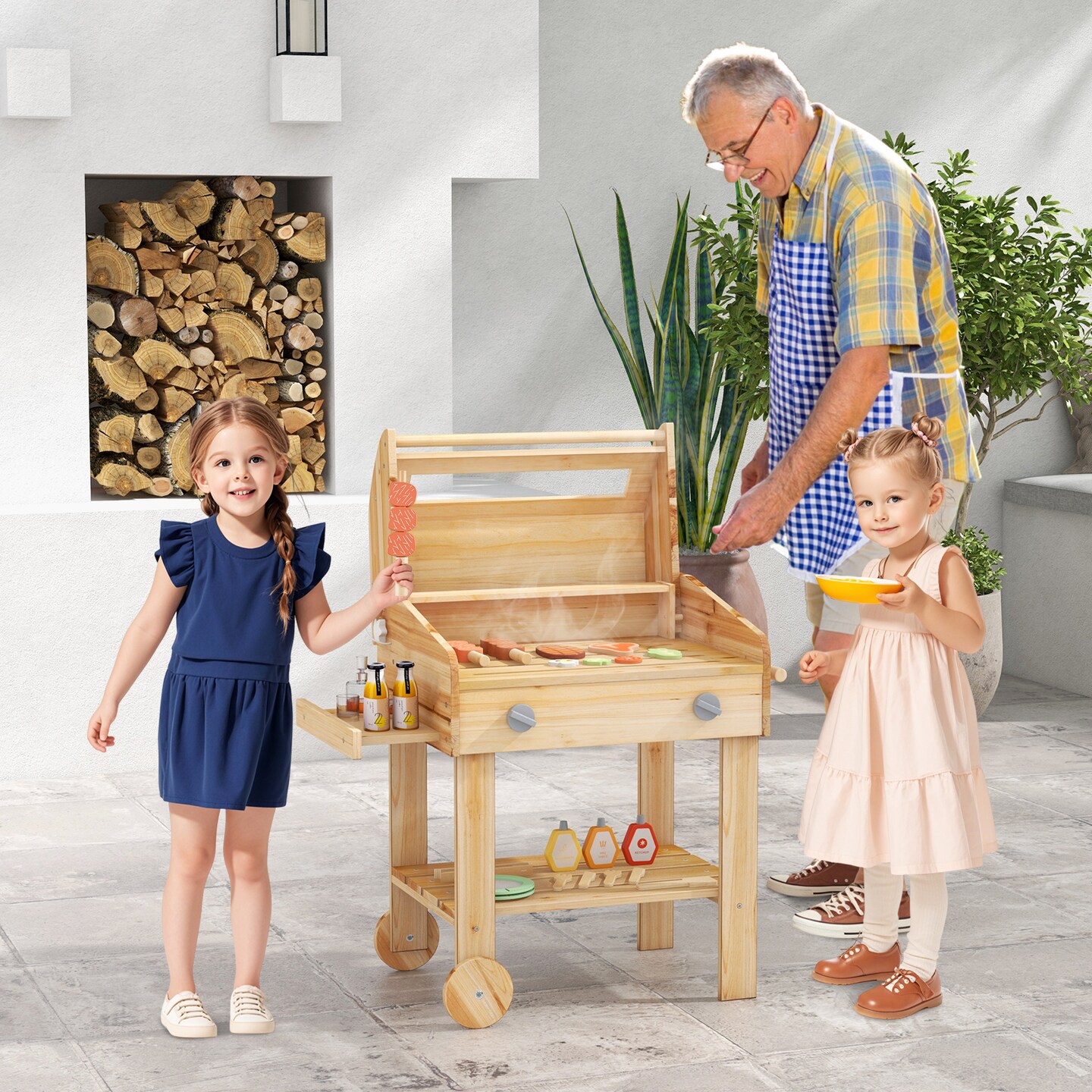 Kids Wooden Barbecue Grill Playset Pretend Kitchen with Food and Wheels-Natural
