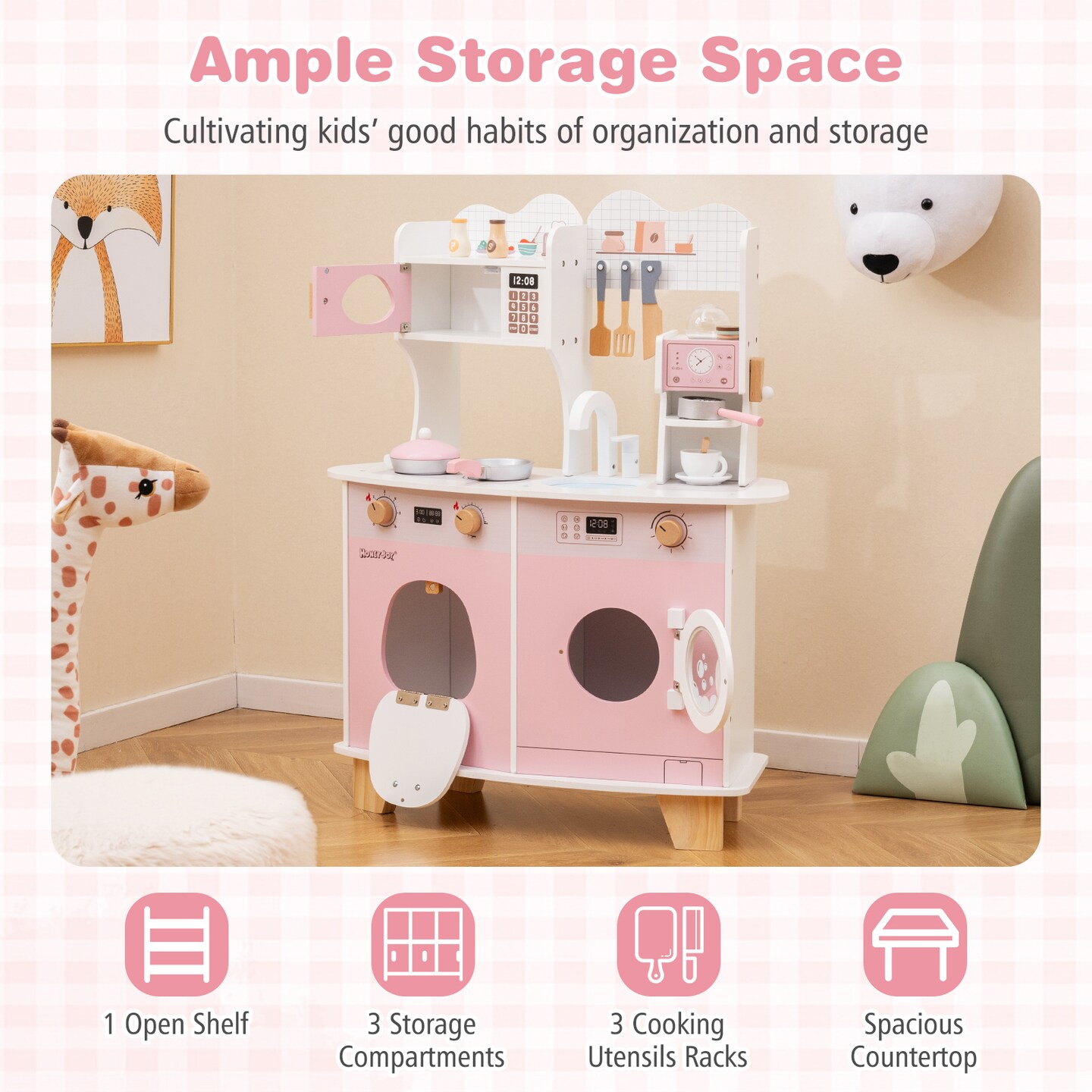 Wooden Kids Kitchen Playset with Coffee Maker for kids-Pink