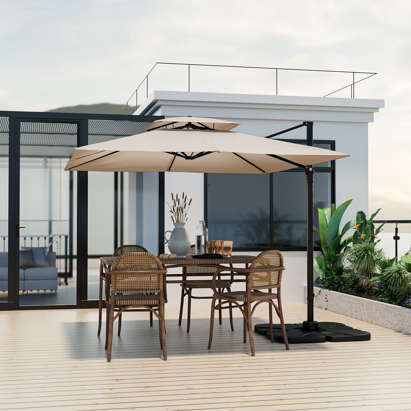 Aluminum 9.5 Feet Cantilever Patio Umbrella with 360° Rotation and Double Top