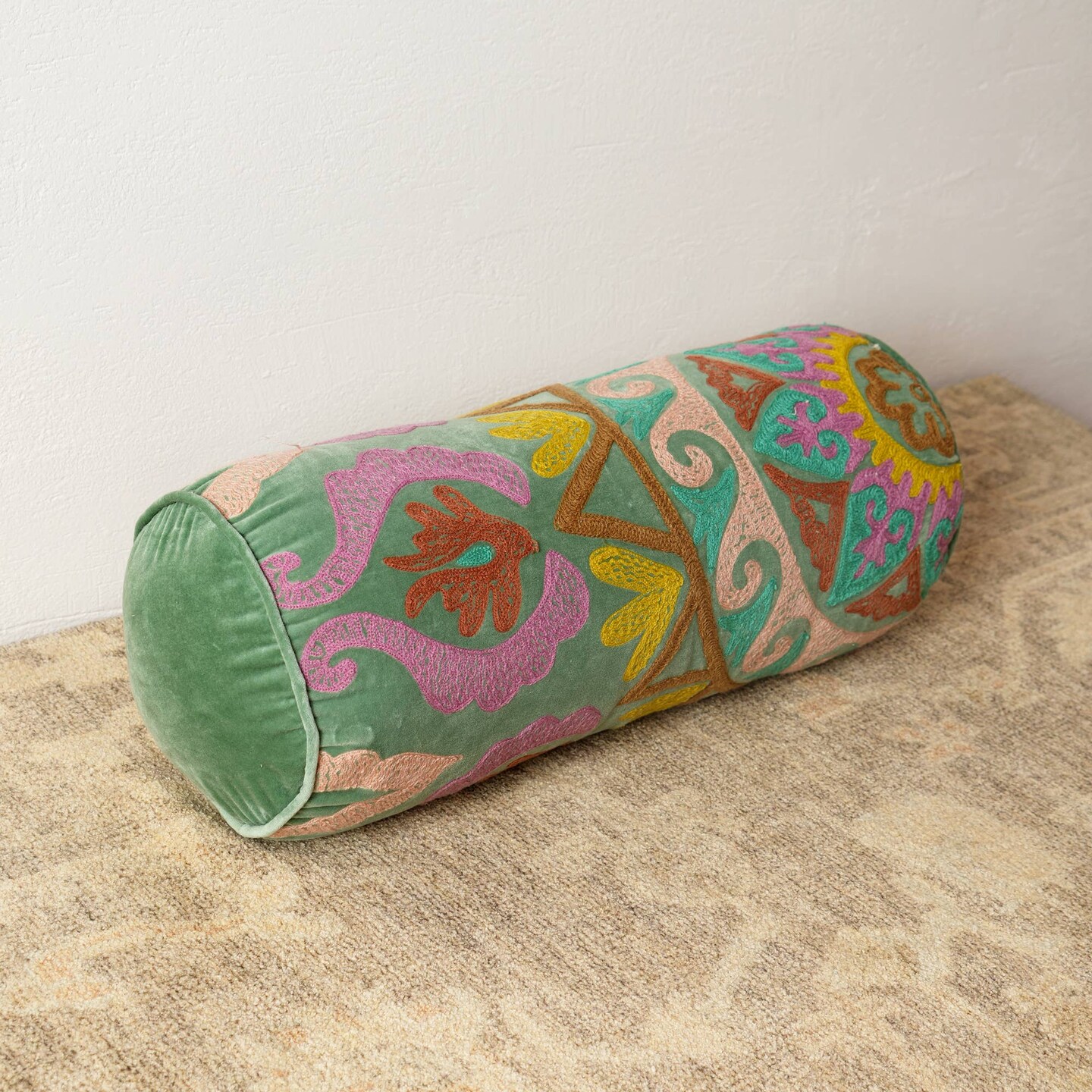 Decorative Cotton Printed &#x26; Embroidered Bolster Pillow
