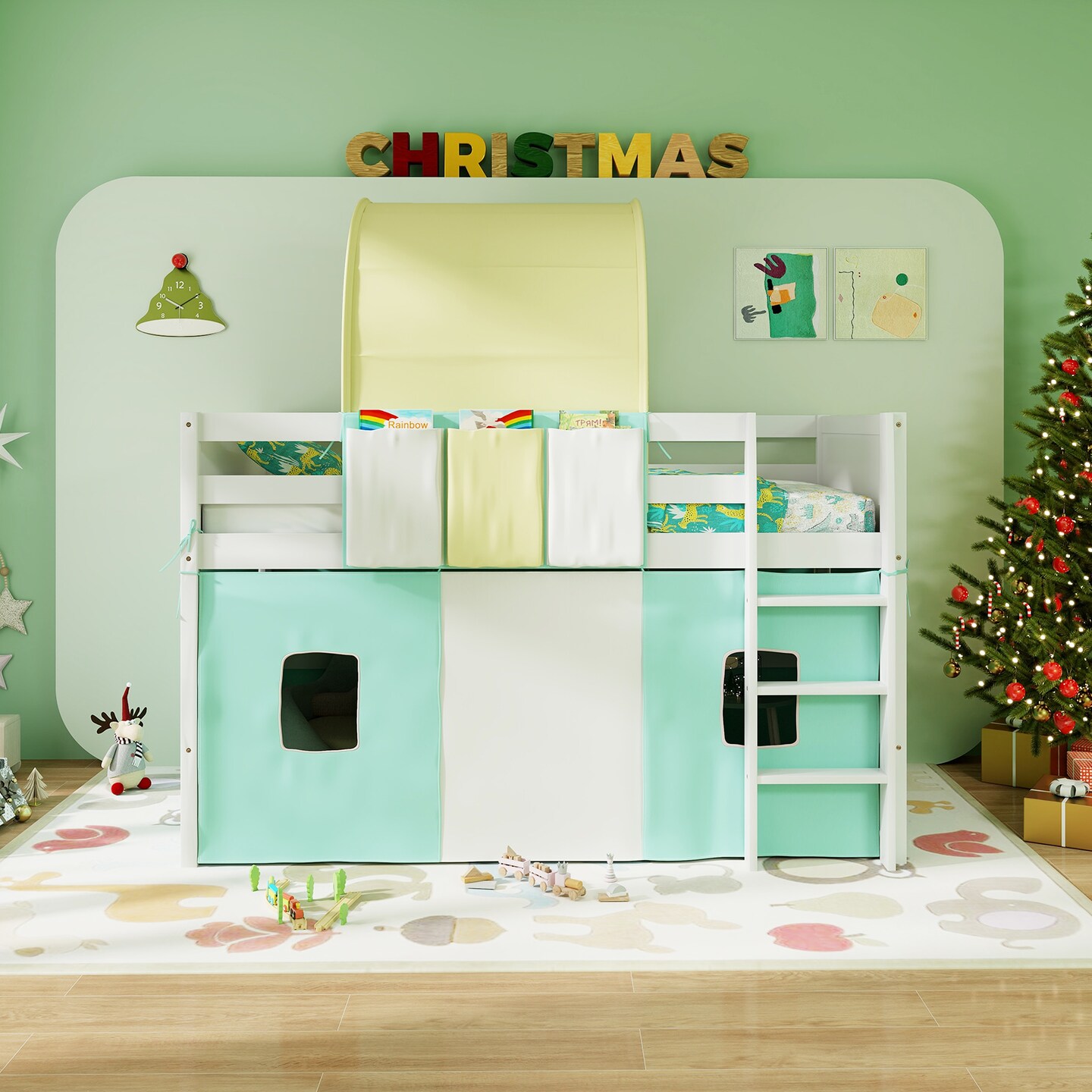 Twin Size Playhouse Loft Bed Frame with Tower Tent and 3 Storage Pockets for Kids