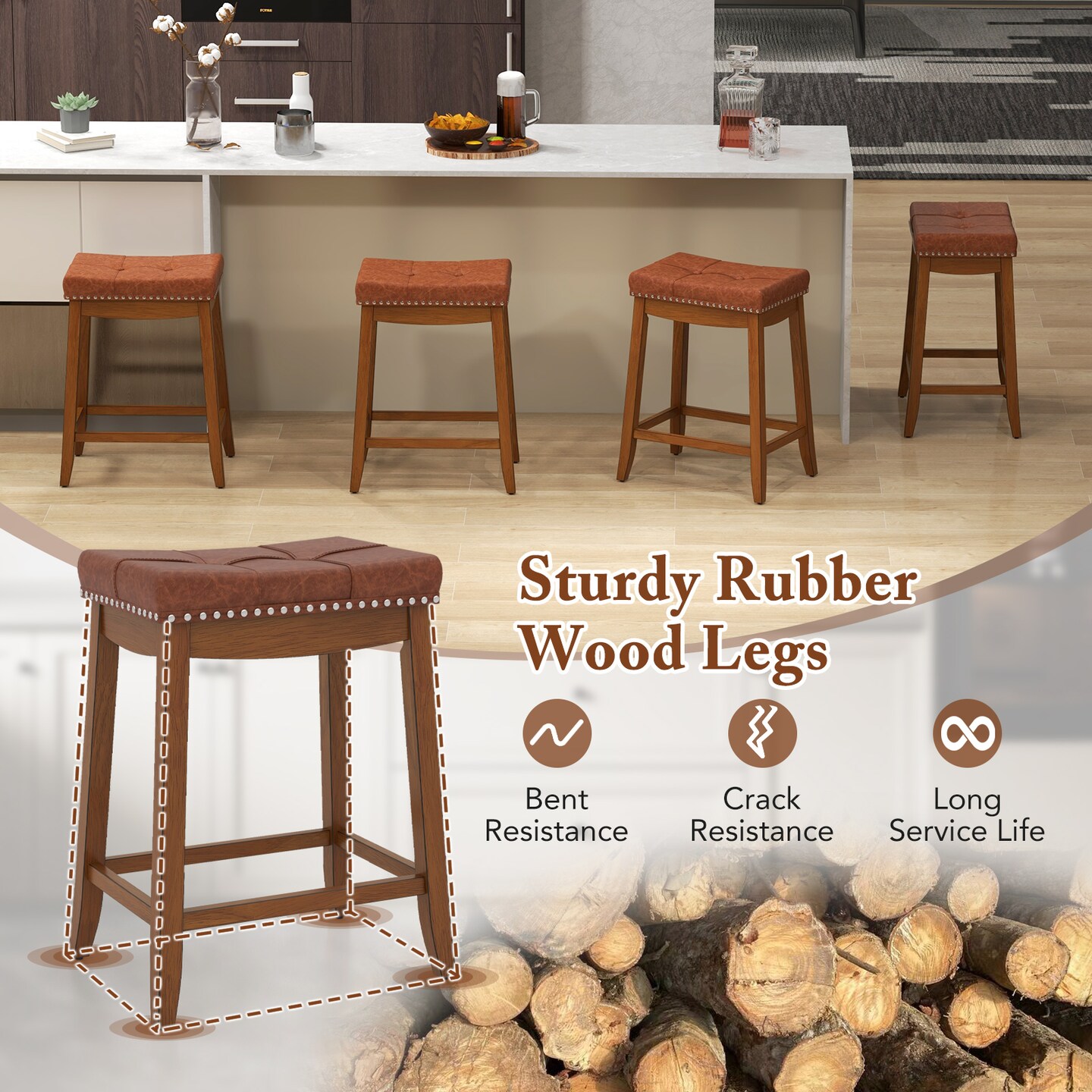 PU Leather Saddle Seat Bar Stools Set of 2, 25/29 Inch Upholstered Counter Height Chairs