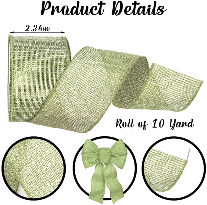 Green Burlap Ribbon Easter Ribbon for Crafts Gift Wrapping Wreath Bows Green Linen Wired Ribbon for Home Birthday Party Wedding Easter St Patricks Day Decoration 2.5&#x22; X 10 Yard