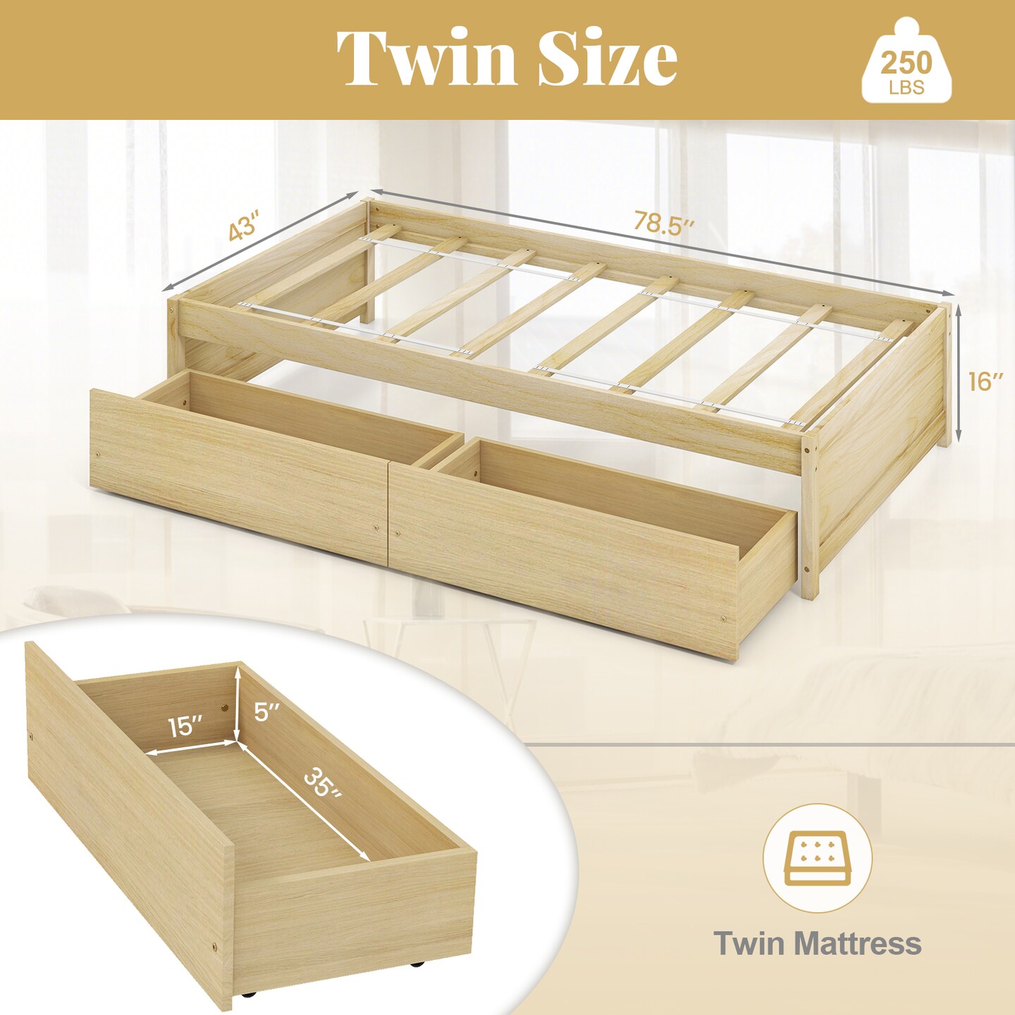 Wooden Twin Captain Bed with Storage Drawers and Daybed Function