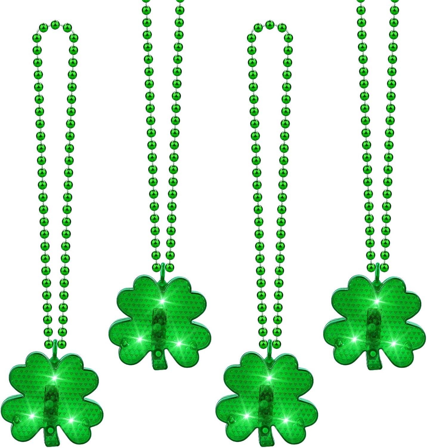 4Pcs Light up Shamrocks Beads Necklaces, St Patrick&#x27;s Day Necklace Accessories Led Shamrocks Necklaces Metallic Green Bead Clovers Necklaces for Irish St. Patricks Day Party Favor Supplies