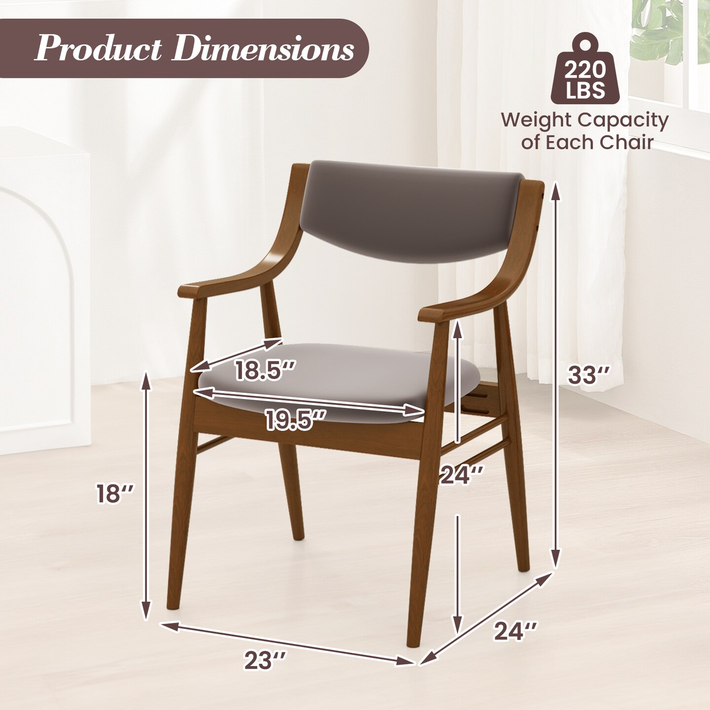 Brown Wooden Dining Chair Set of 2 with Cushioned Seat and Back Support for Comfort