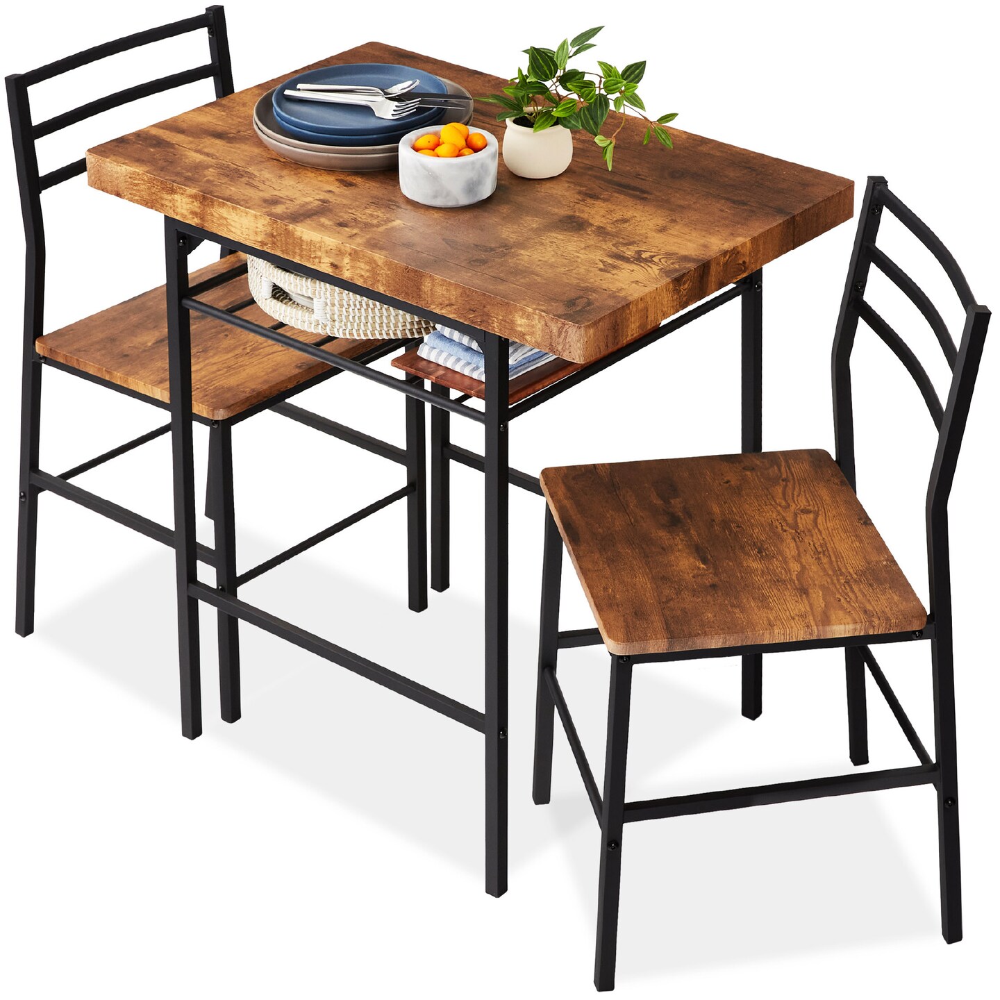 Best Choice Products 3-Piece Modern Dining Set, Square Table &#x26; Chairs Set w/ Steel Frame, Built-In Storage Rack