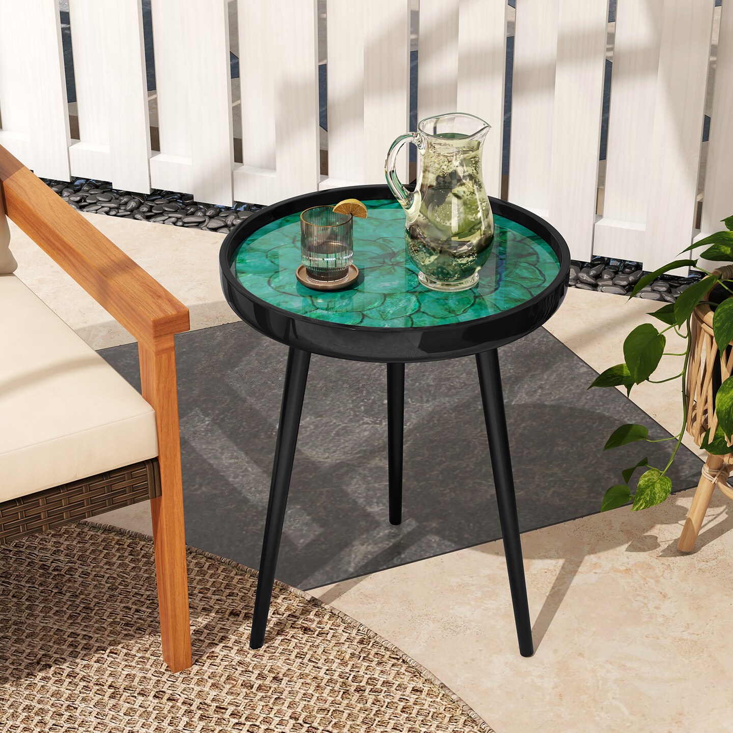 Green Wood Mid-Century Modern Coffee End Table with 16/20 Inch Sea Shell Decoration