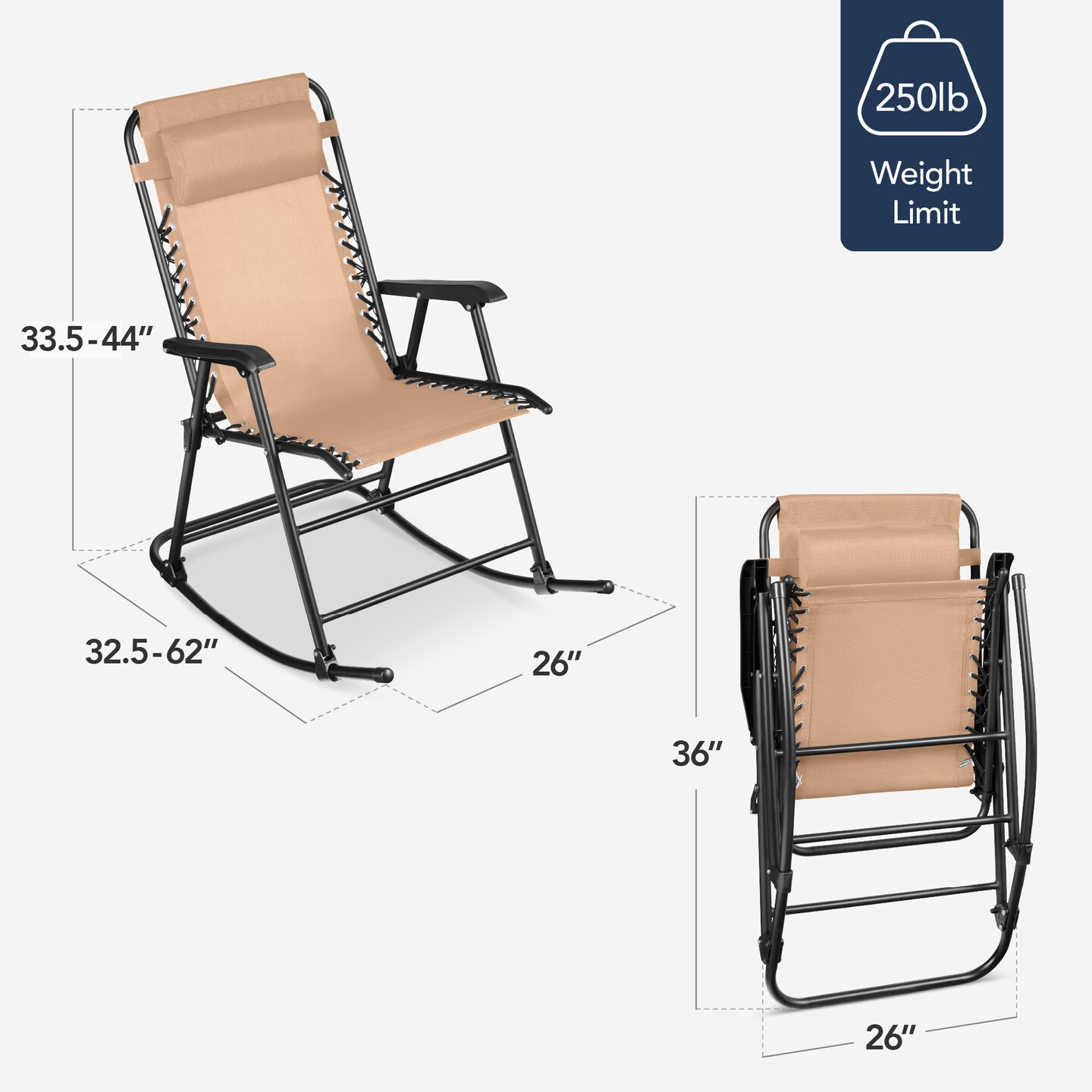 Best Choice Products Folding Outdoor Zero Gravity Rocking Lounge Chair w/ Headrest Pillow