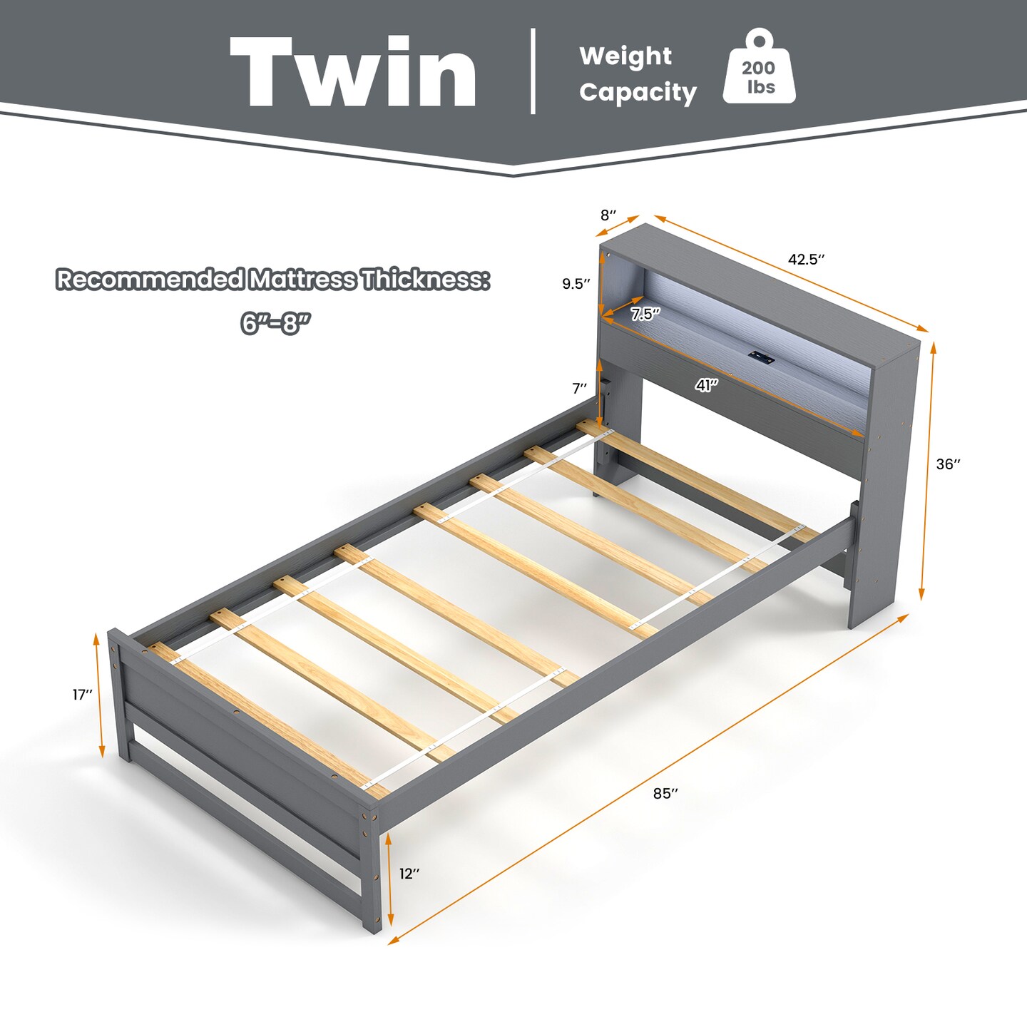 Wooden Twin Bed with Storage Headboard Charging Station LED Light and Under-bed Storage
