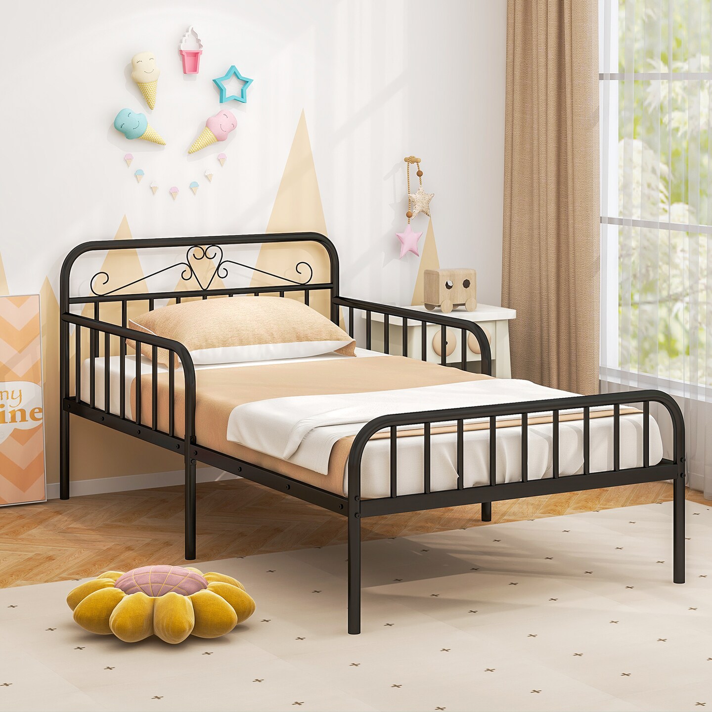 Twin Size Metal Bed Frame with Headboard Included Safety Side Guardrails