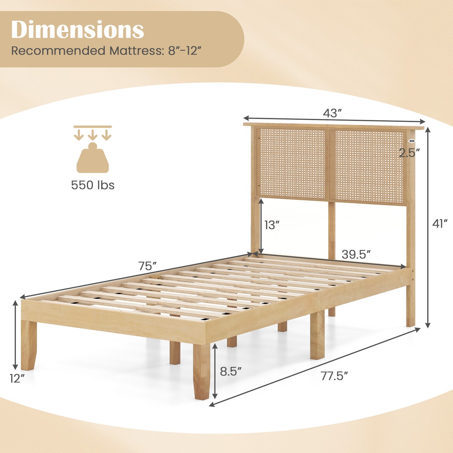 Natural Platform Bed Frame with Rattan Headboard and 12 Wooden Slats