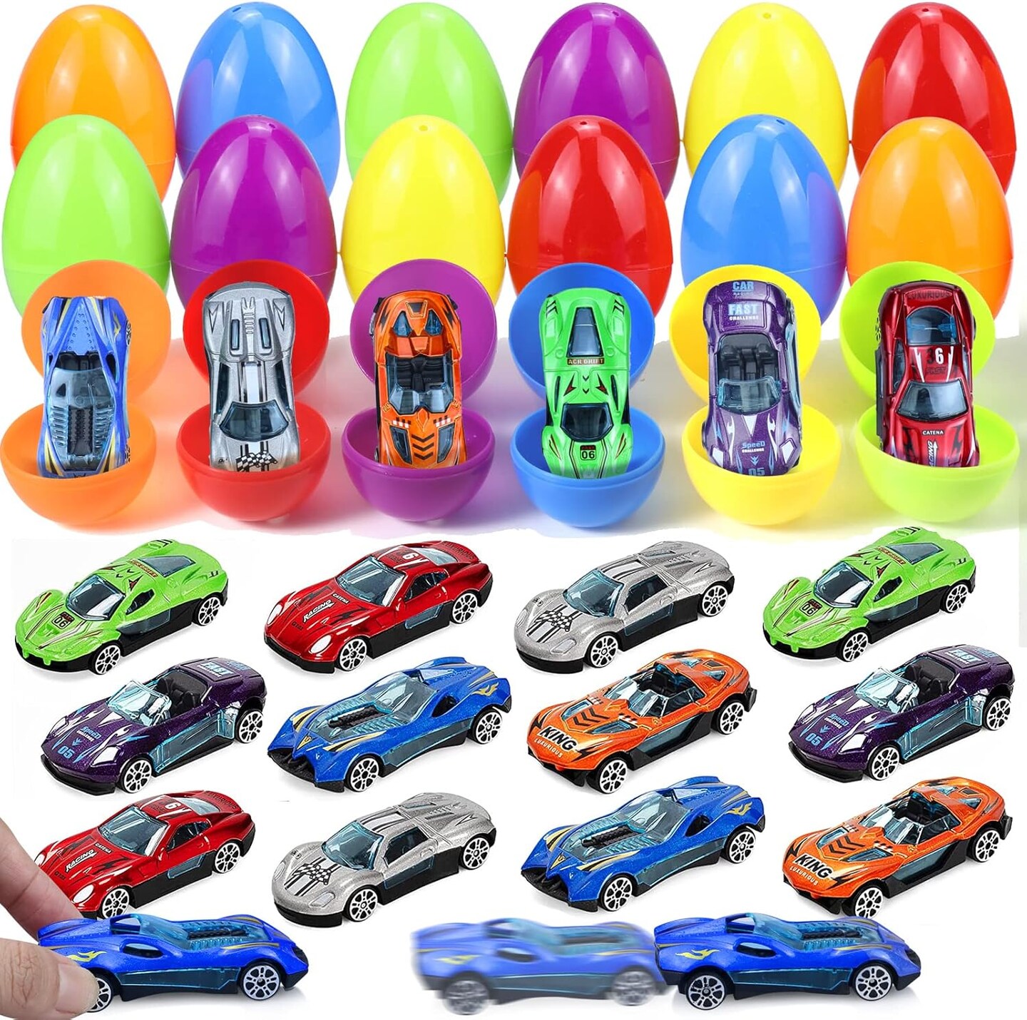 12 Pack Easter Eggs with Die-cast Cars for Kids Boys Easter Basket Stuffers, Prefilled Easter Eggs with Toys