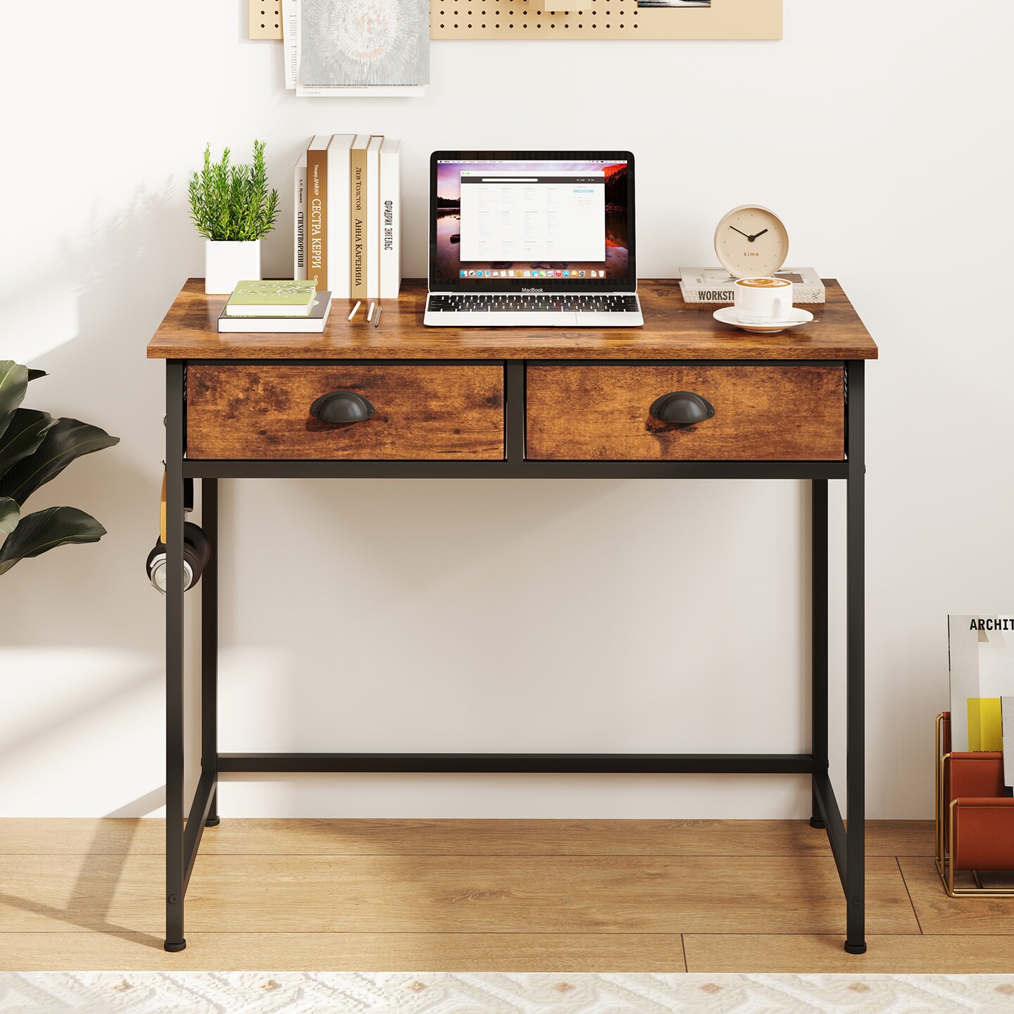 Space Saving Home Office Desk with 2 Fabric Drawers and 4 Hanging Hooks