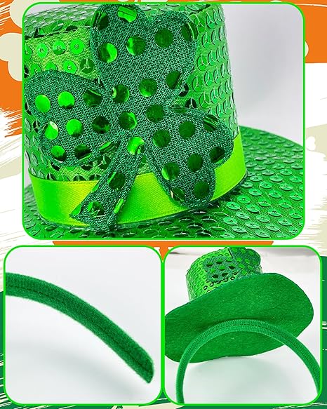 St. Patrick's Day Green Mini Top Hat Headband Irish Sequin Shamrock Leprechaun Hat Headband Saint Patty's Day Accessories for Men Women
