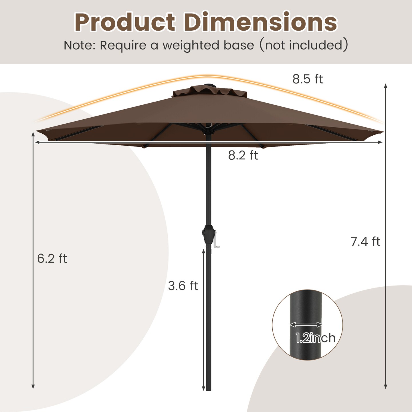 Fabric Outdoor Heavy Duty Market Umbrella with Crank Handle, 8 Sturdy Ribs, UV Protection
