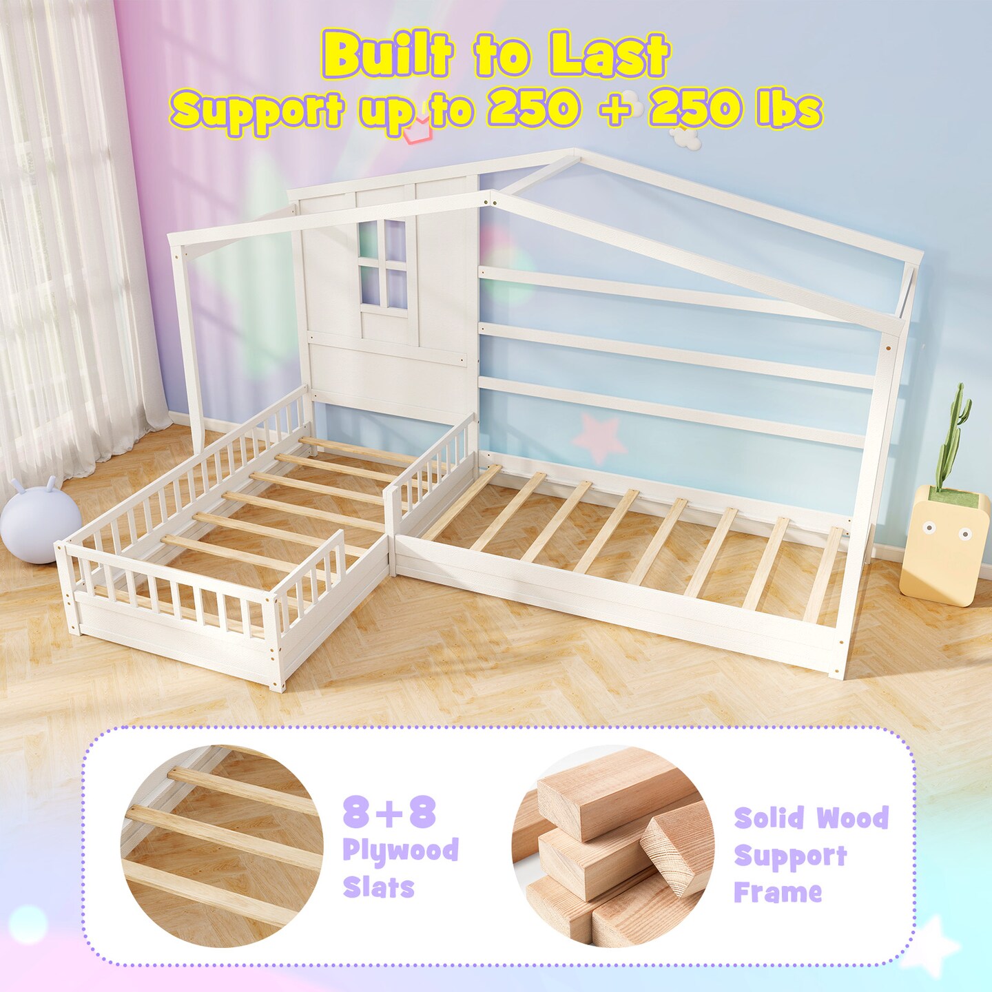 L-shaped Corner Twin House Bed with Guardrails, Creative Roof Design, Solid Wood Frame, and Easy Access