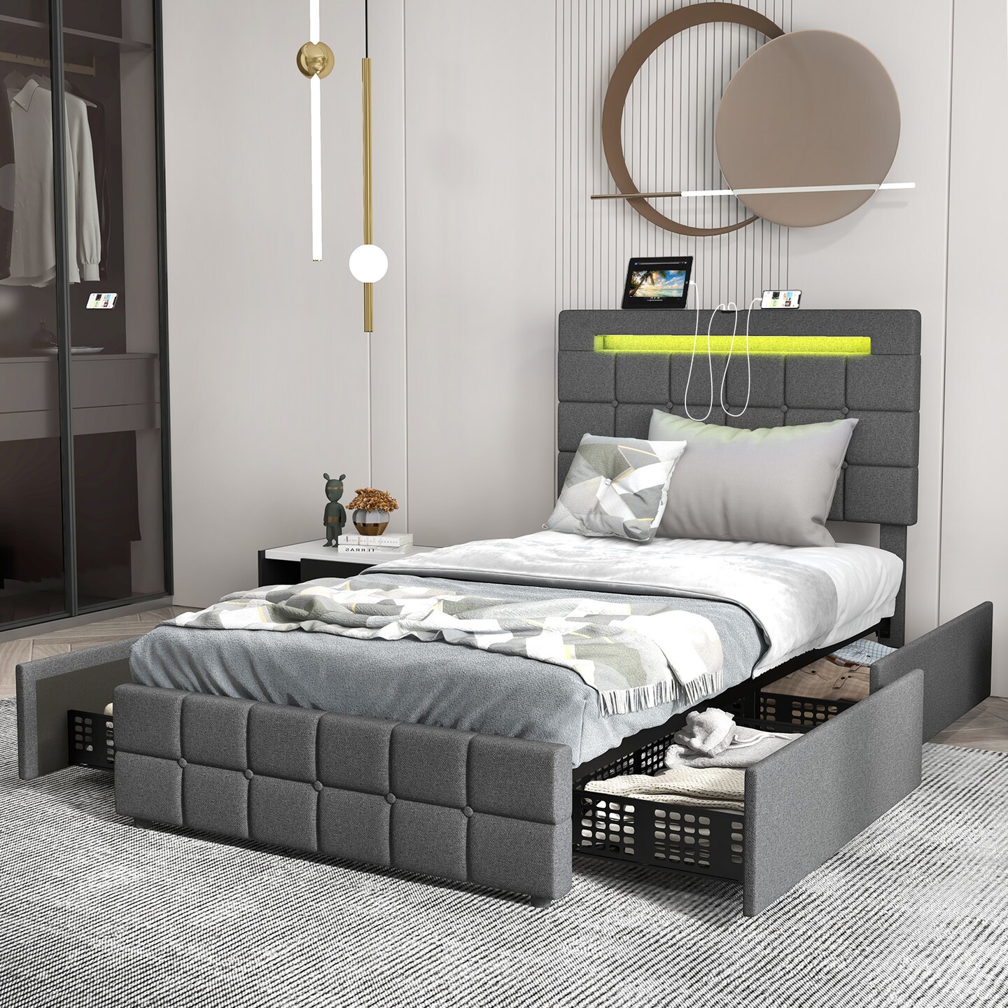 Grey Velvet Upholstered LED Bed Frame with Headboard and Storage Drawers