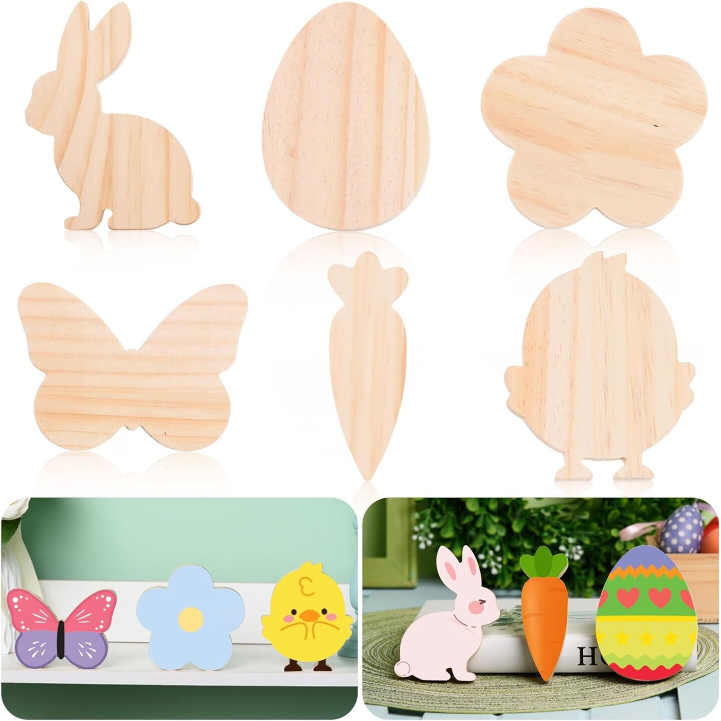 12 Pcs Easter Wooden Cutouts Unfinished Easter Shaped Table Sign Easter Standing Wooden Centerpieces Unpainted Easter Wood Blocks for DIY Crafts School Art Projects Easter Spring Decor,6 Style