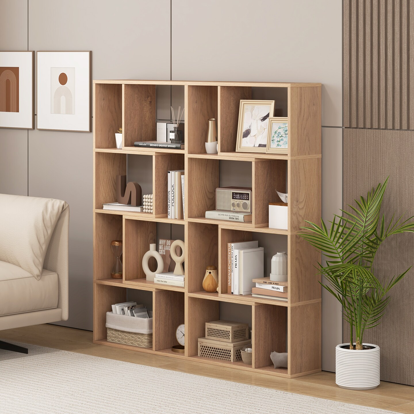 48 Inch 4-Tier Geometric Bookshelf with 8 Cubes for Living Room Bedroom