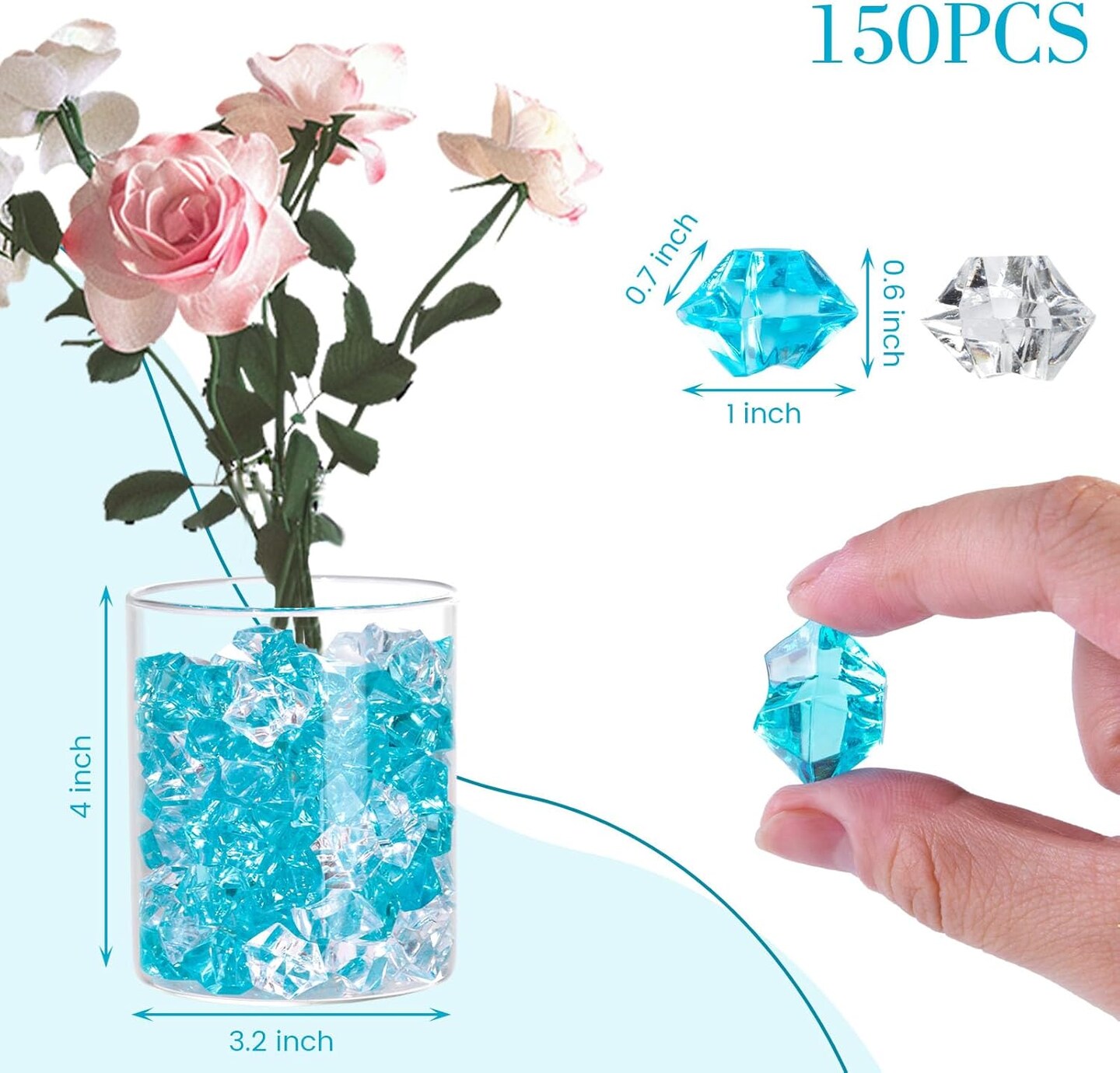 Blue and White Fake Ice Rocks, 150 PCS Acrylic Decorative Ice Clear Ice Rock Diamond Crystals Gems
