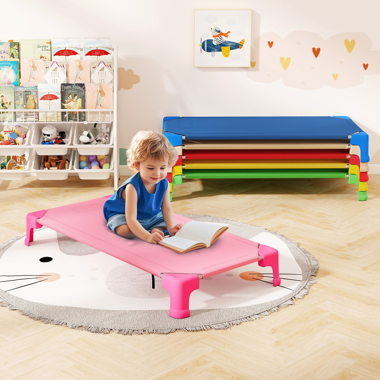 Metal PP Oxford Fabric Stacked Nap Cots for Kids with Easy Setup and Space-Saving Design