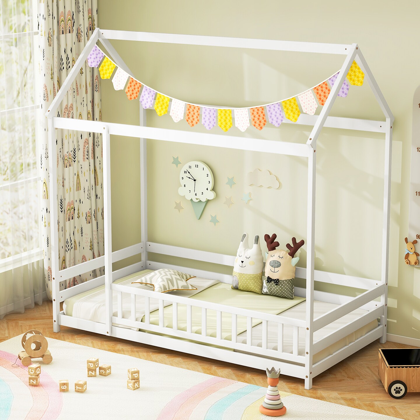 Kids Twin Size Montessori Pine Wood Playhouse Bed with Guardrail for Bedroom