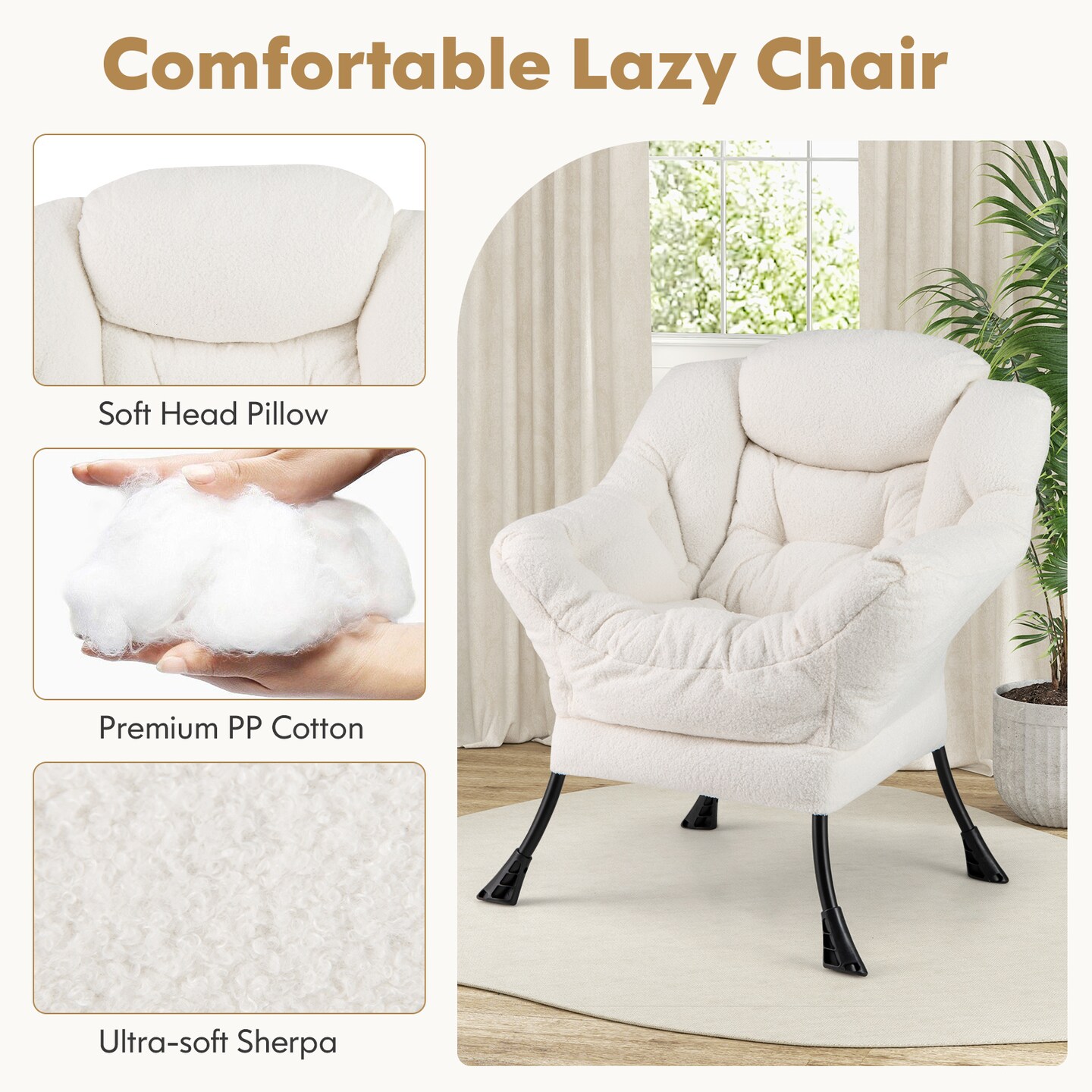 Fabric Modern Accent Chair with Folding Footrest and Removable Head Pillow for Living Room