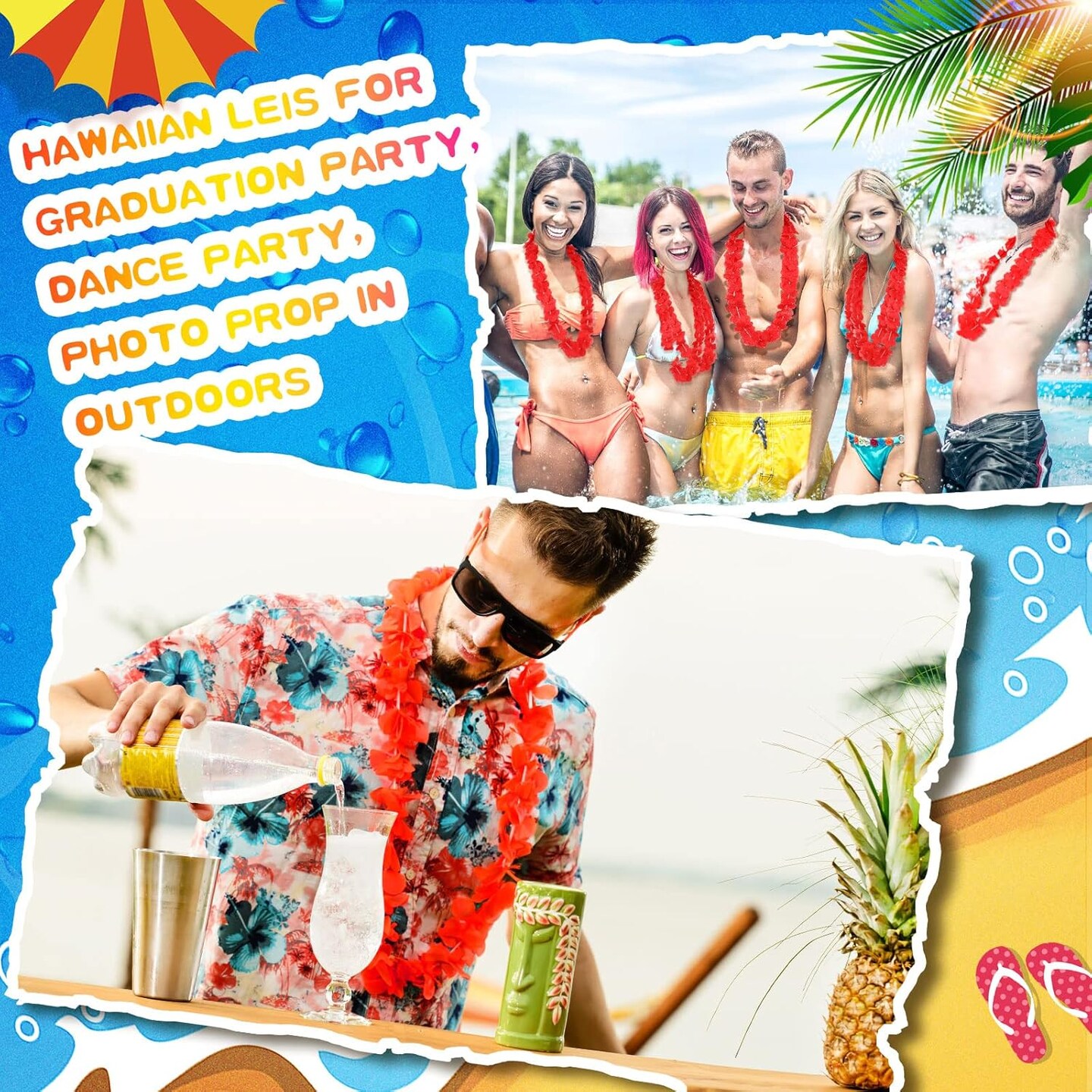 24 Counts Hawaiian Leis Necklace Tropical Flower Lei Floral Luau Party Decorations(Red)