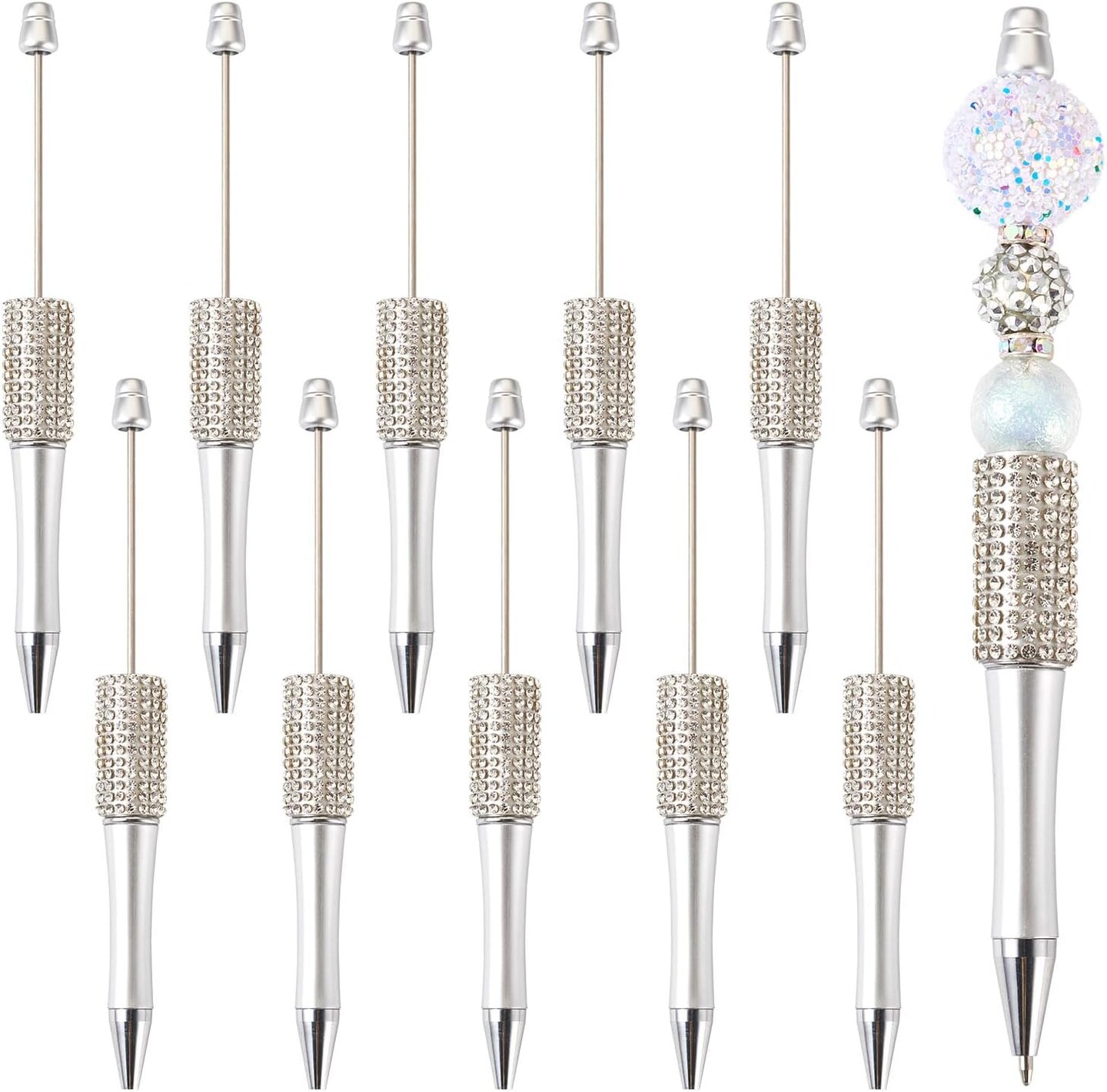 10PCS Diamond Beadable Pens – Silver Rhinestone Crystal Ballpoint Pens with Black Ink, DIY Beaded Plastic Pens for Crafts, Office, School & Personalized Gifts