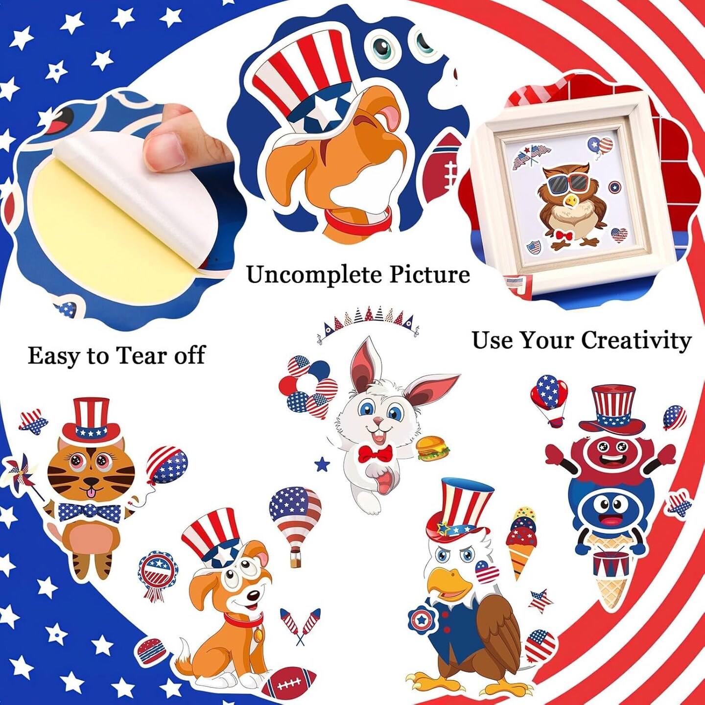 36 Pack 4th of July Crafts for Kids, DIY Patriotic Crafts, Make a Face Stickers for Kids
