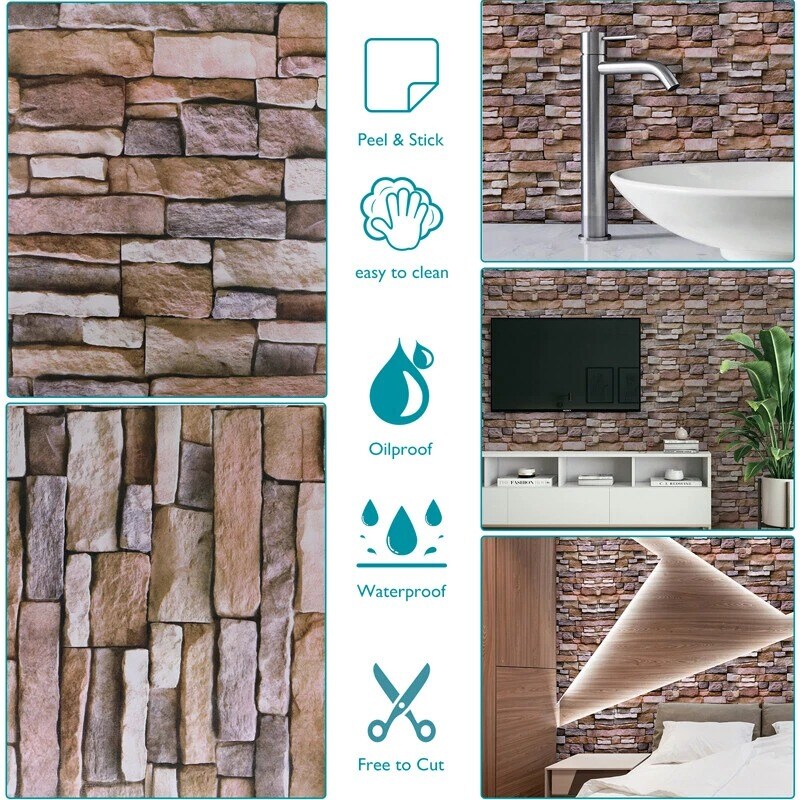 3D Brick Stone Peel &#x26; Stick Self-Adhesive Wallpaper