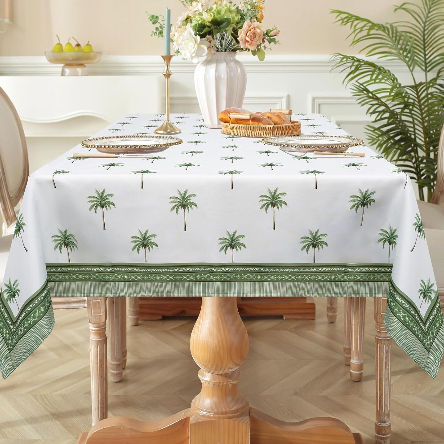 Tropical Palm Tree Tablecloth Summer Plants Bordered Vintage Rectangle Table Cover