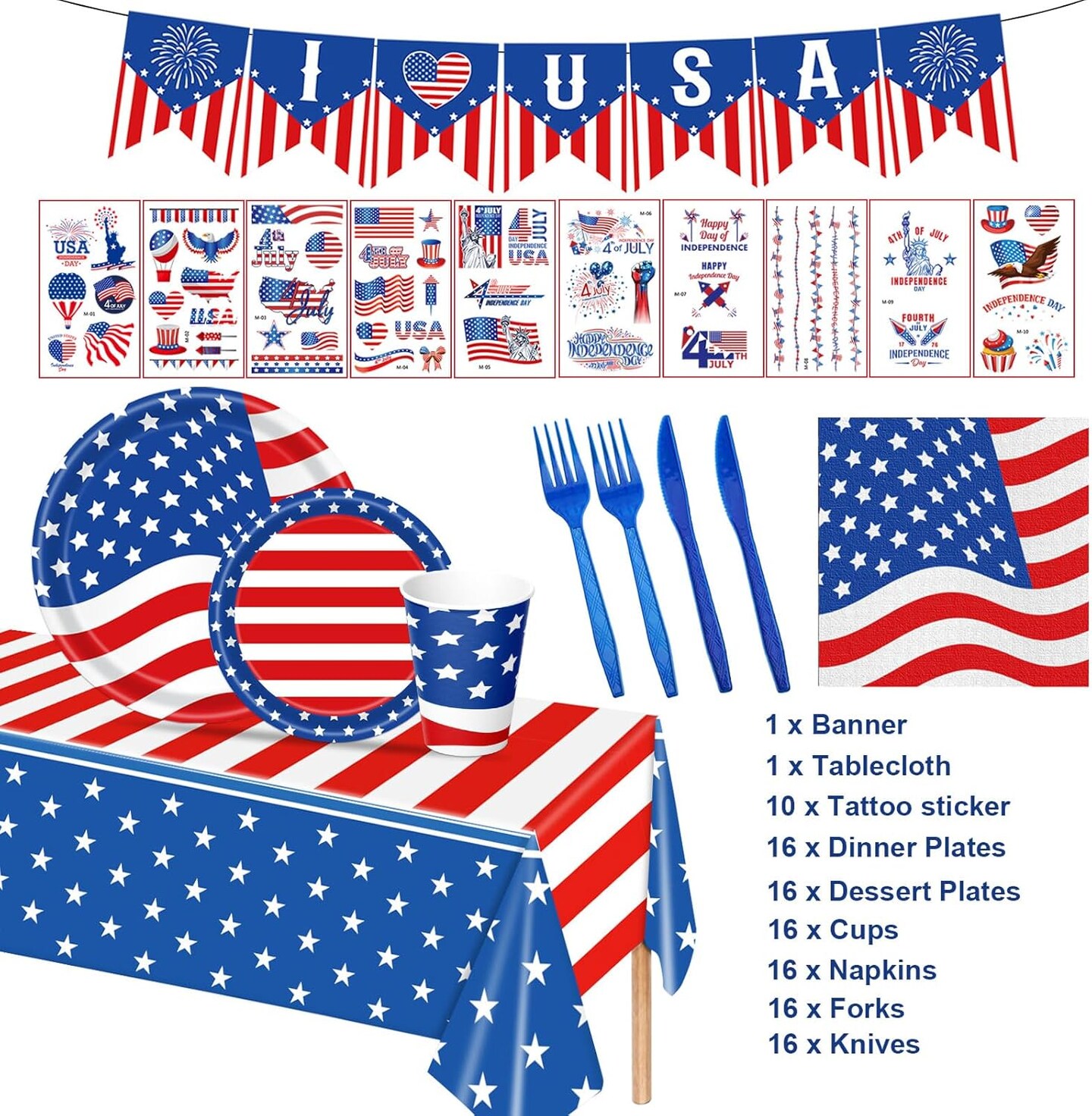 98PCS 4th of July Party Supplies – Plates, Napkins & Tablecloth for 16 Guests