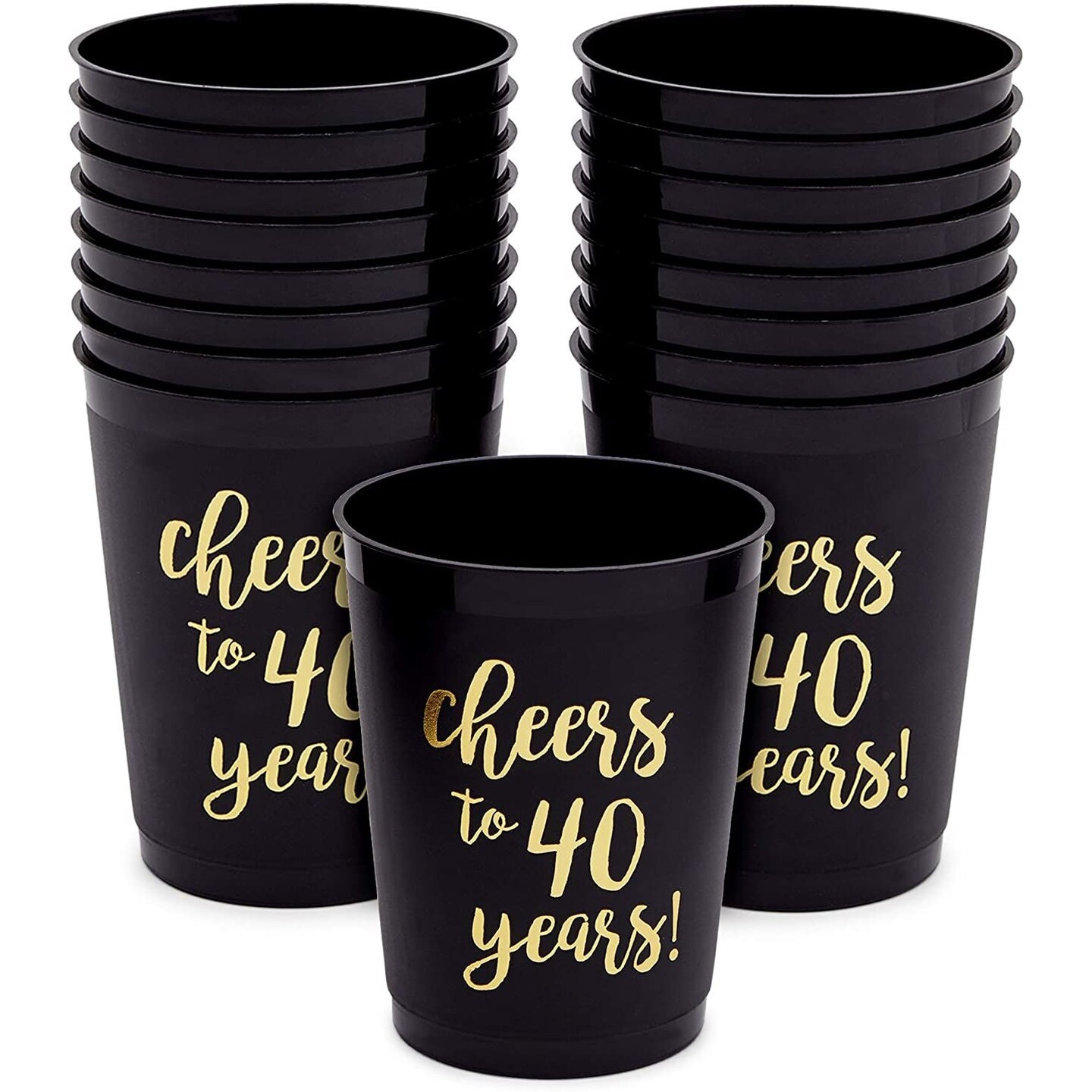 16 Pack Cheers to 40 Years Plastic Party Cups - 40th Birthday Decorations for Men and Women, Anniversaries (Black, 16 oz)
