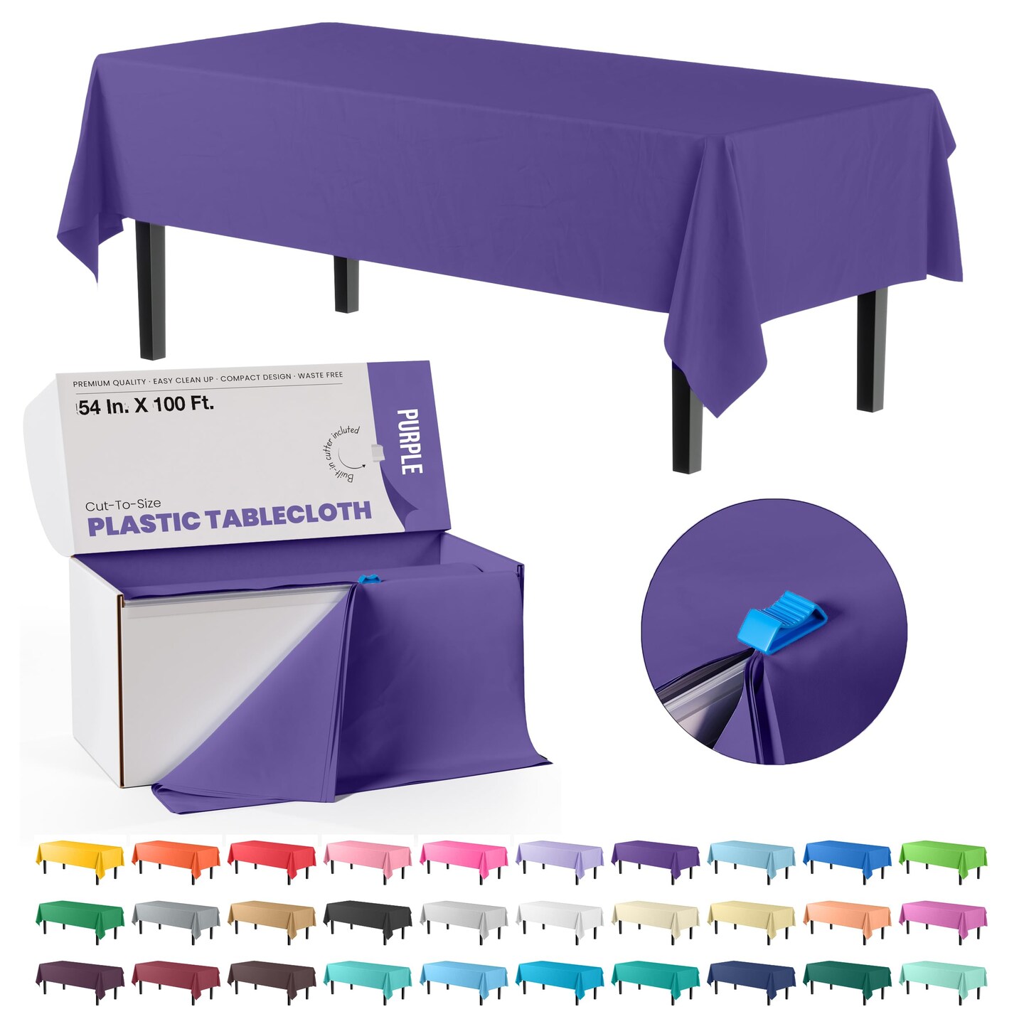 Exquisite Party Solids 54" x 100' Plastic Table Cover Roll with Slide Cutter – Cut-to-Size Dispenser Box – Makes Up to 12 Disposable 8' Rectangle Tablecloths