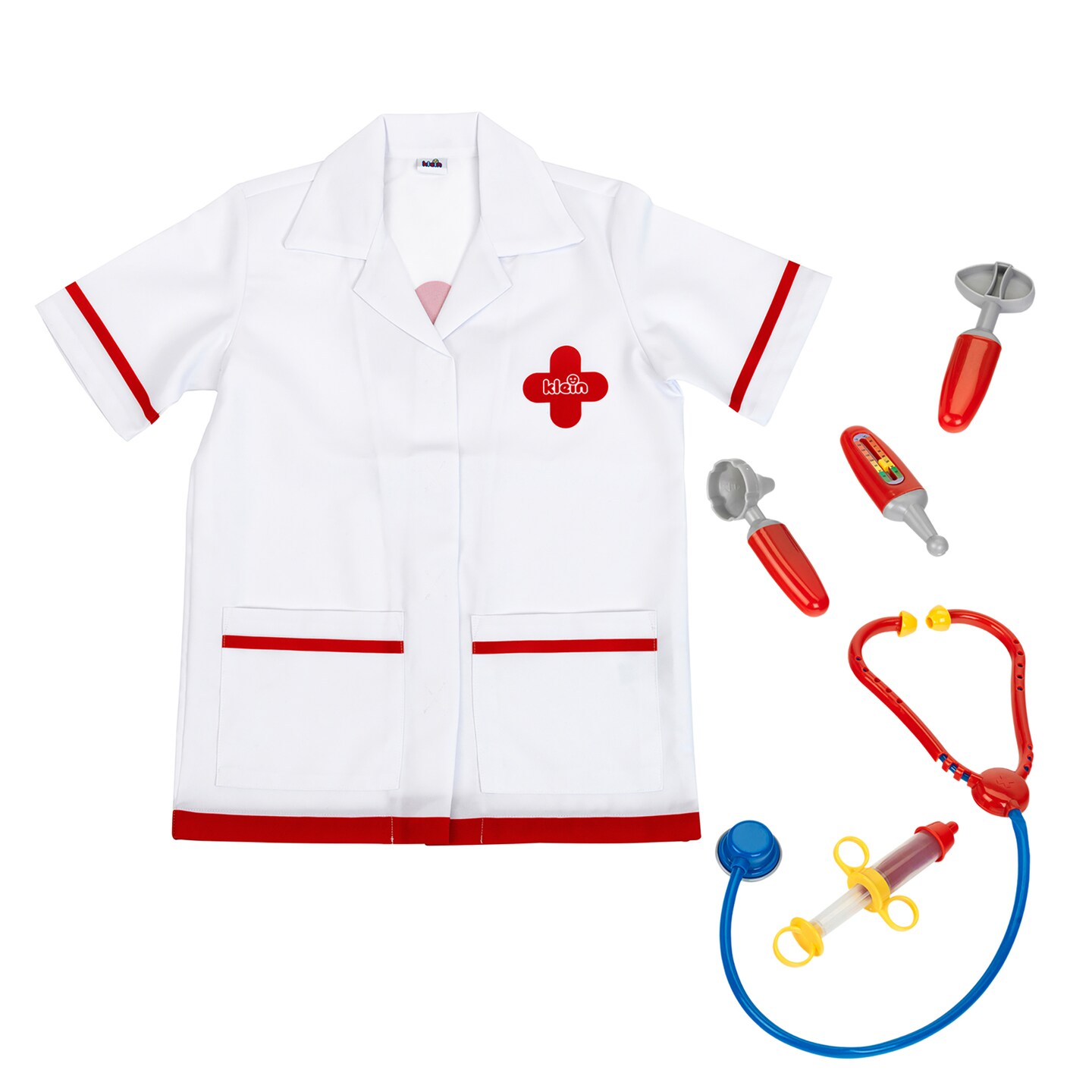 Klein: PRO Doctor Costume - White &#x26; Red - 6pc Set, Dress Up Outfit,Toy Accessories, Stethoscope-Syringe-Thermometer-Blood Pressure Meter, Kids Age 3+