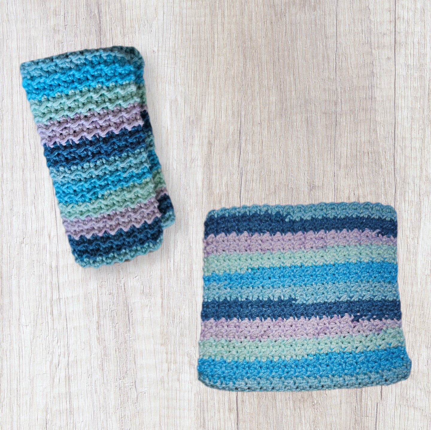 product name is Blue and Lavender Crochet Dish Cloth
