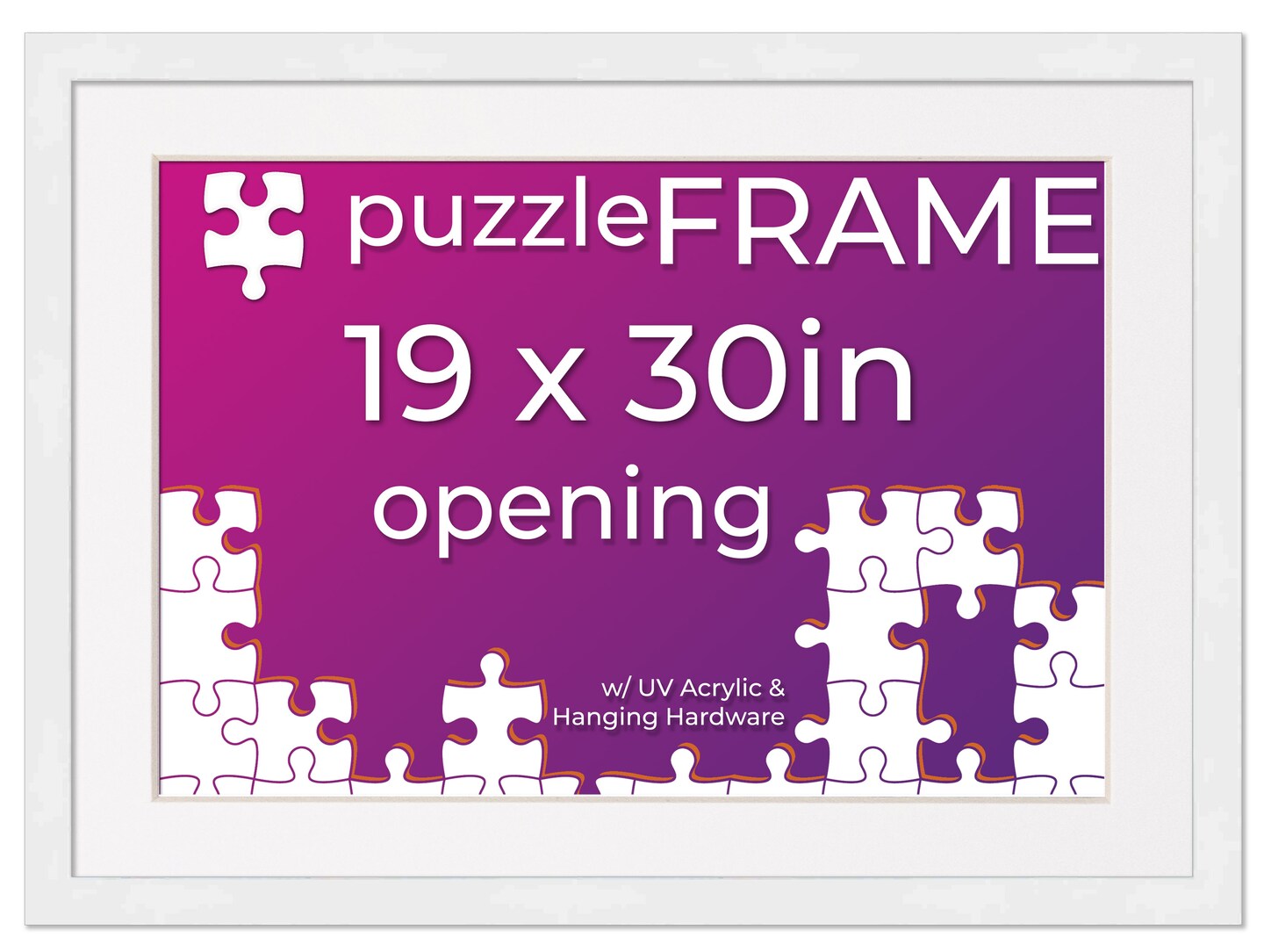 White Wood Puzzle Frame Kit with Glue Sheets, White Mat, Backing, UV Acrylic - Available in 20 Popular Sizes