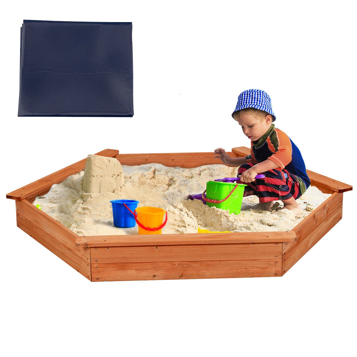 Hexagon Wooden Cedar Sand Box W Seat Boards And Cover And Ground Liner