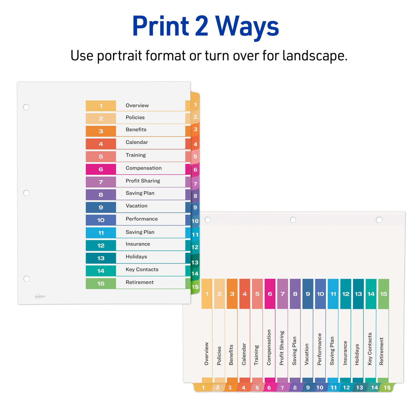 Avery Ready Index 15 Tab Binder Dividers, Customizable Table of Contents, Classic Multicolor Tabs, 3 Sets (11074)