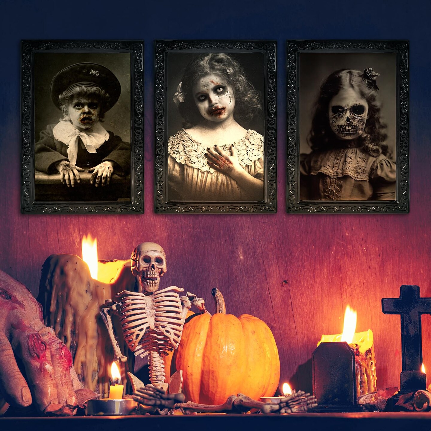 3 Pieces Halloween Decorations Indoor Scary Wall Decor,  3D Changing Face Moving Picture Frames Portrait, Gothic Horror Castle Haunted House Mansion Decor Decoration Party Supplies
