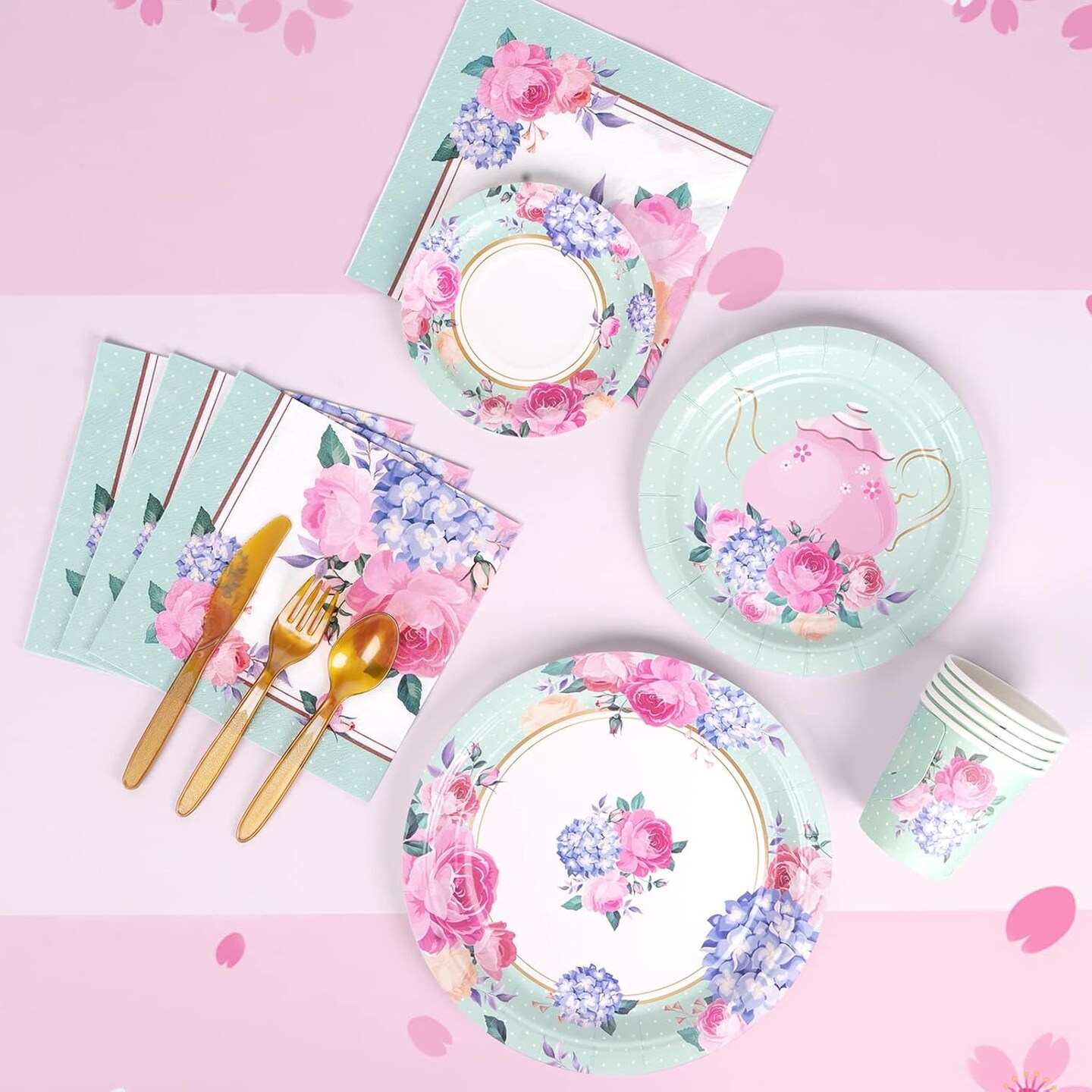 Tea Party Supplies Serves 16, Tea Party Plates and Napkins Sets, Paper Saucers, Tea Cups with Handles for Girl&#x27;s Birthday, Baby Shower, Total 128 PCS