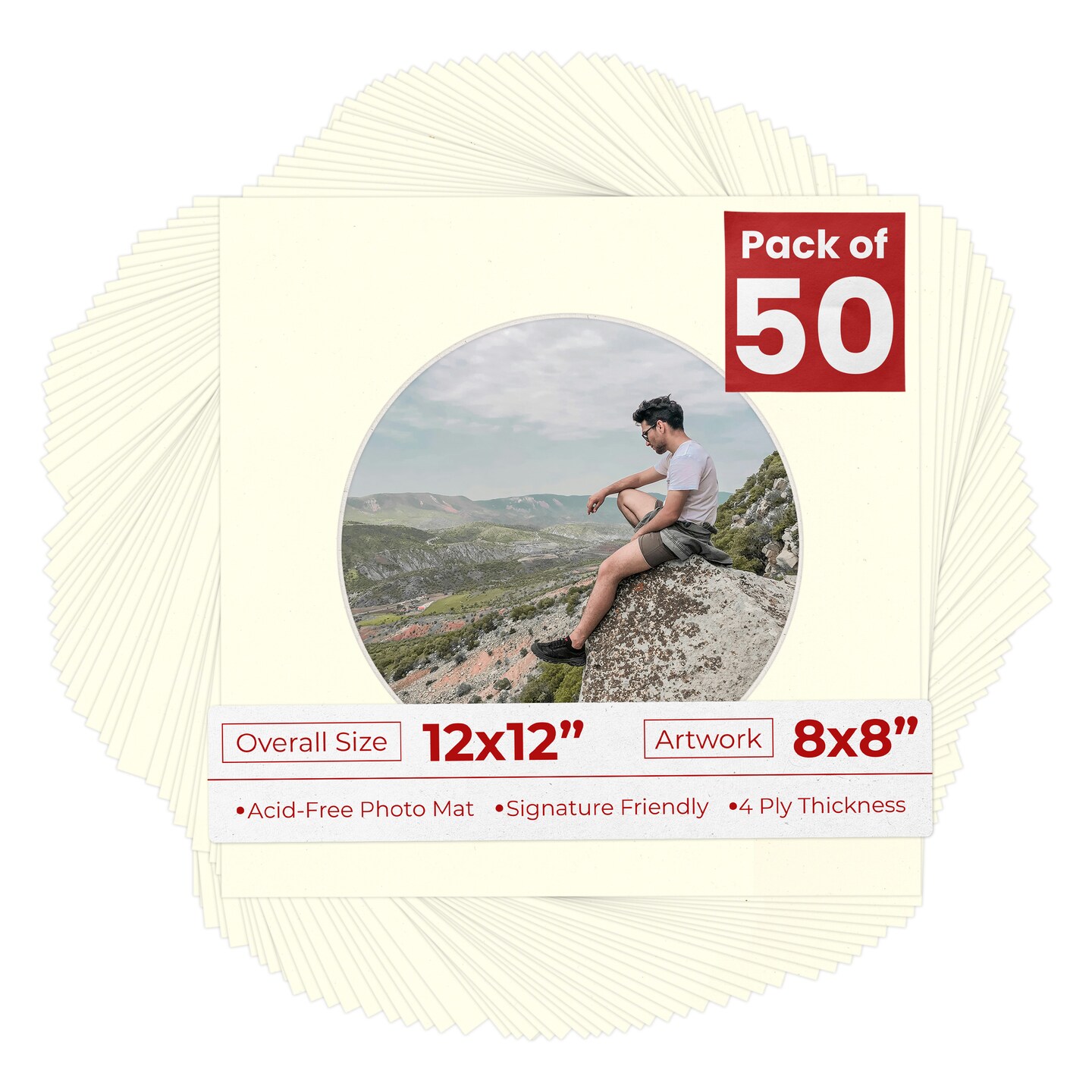 Cream Linen Mat Board for 12x12 Frames - Circle Opening for 8x8 Photos